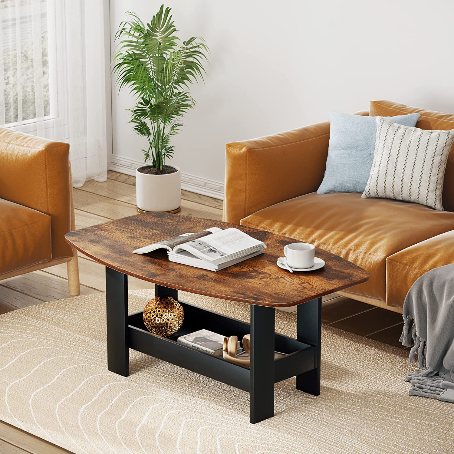 VECELO Coffee Table for Living Room with Storage Compartment Shelf, Rustic Brown