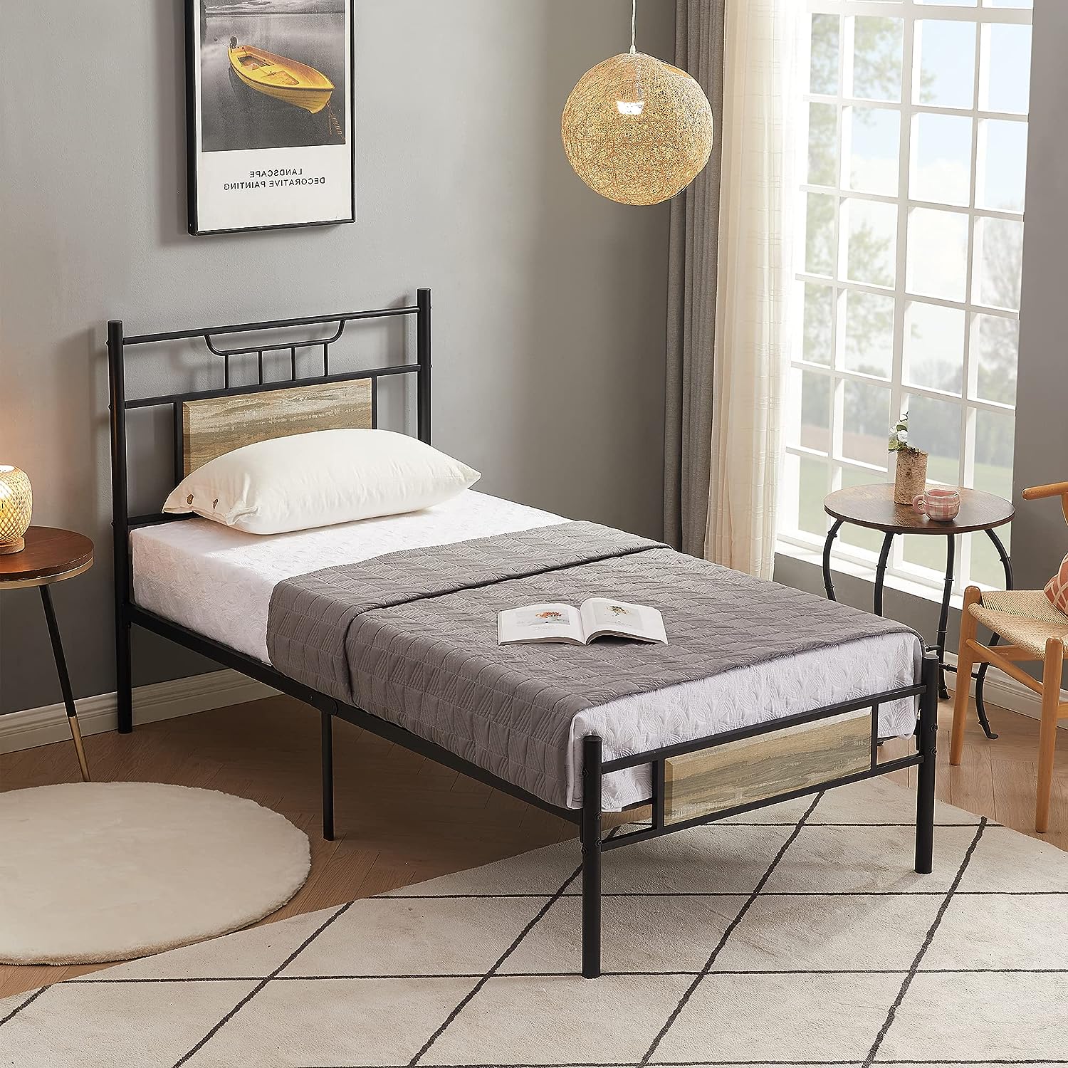 VECELO Platform Bed Frame with Wood Headboard No Box Spring Needed Heavy Duty Steel Slat