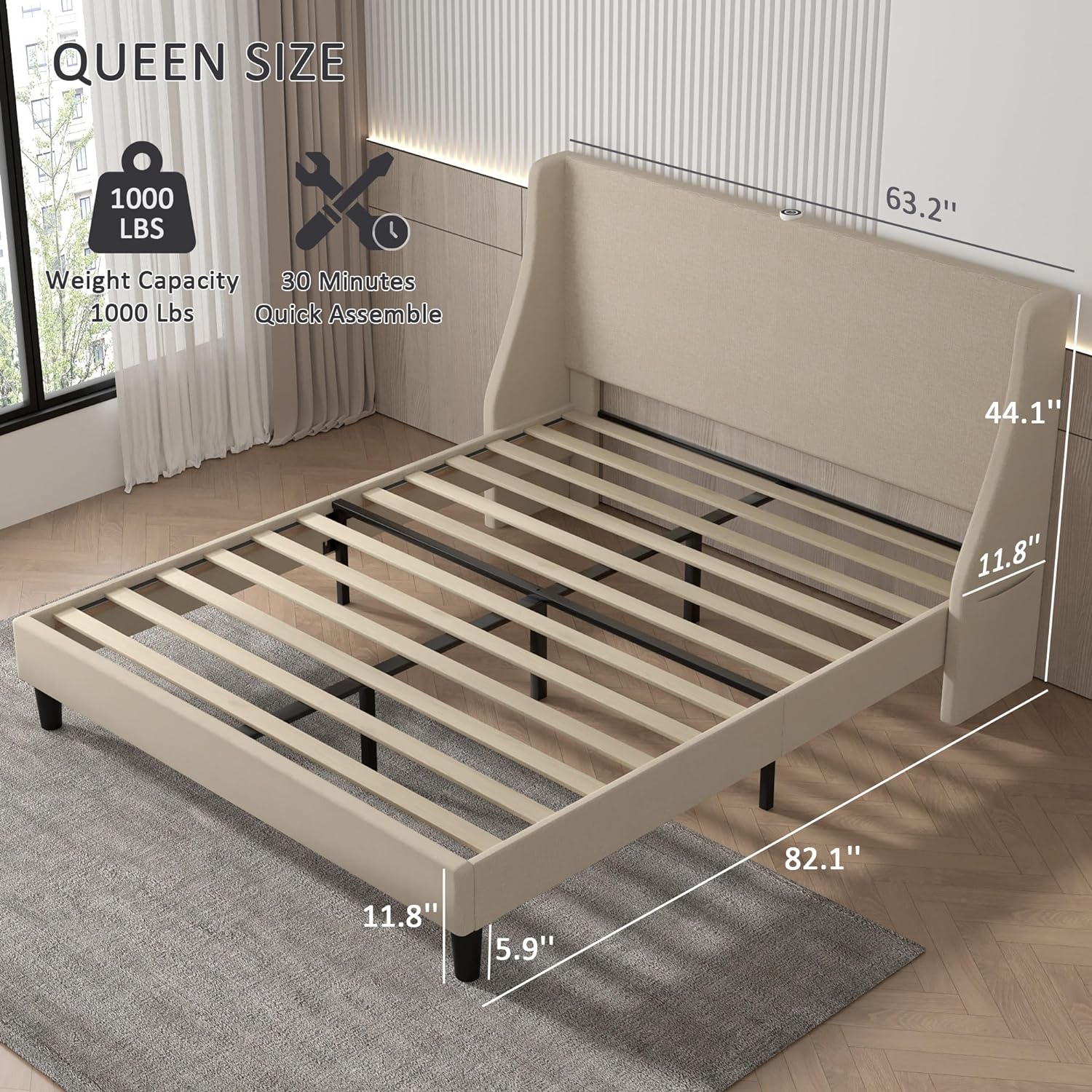 VECELO Bed Frame with Upholstered Wingback Headboard - VECELO