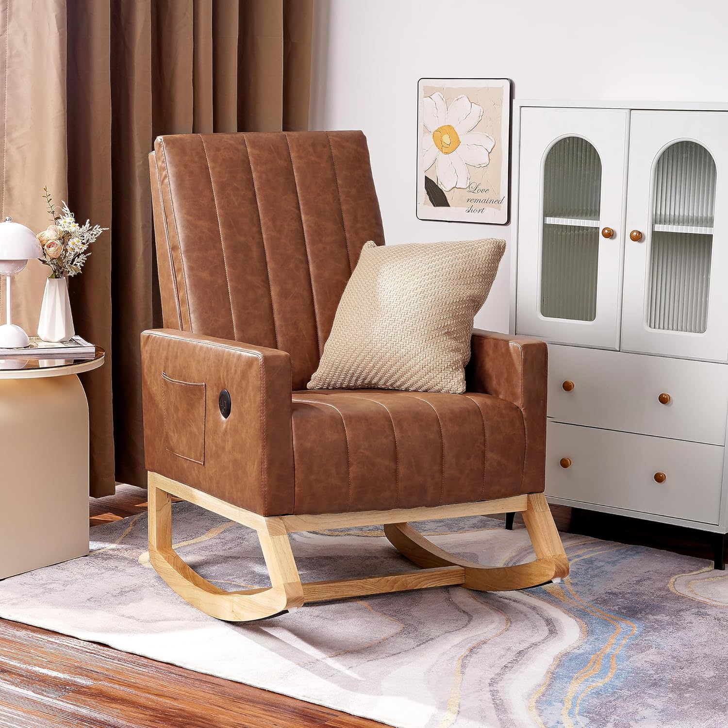Rocking Chair Nursery Teddy Fabric Nursery Glider Rocker - High Back Recliner With Side Pockets & Solid Wood Base Nursery Glider Recliner
