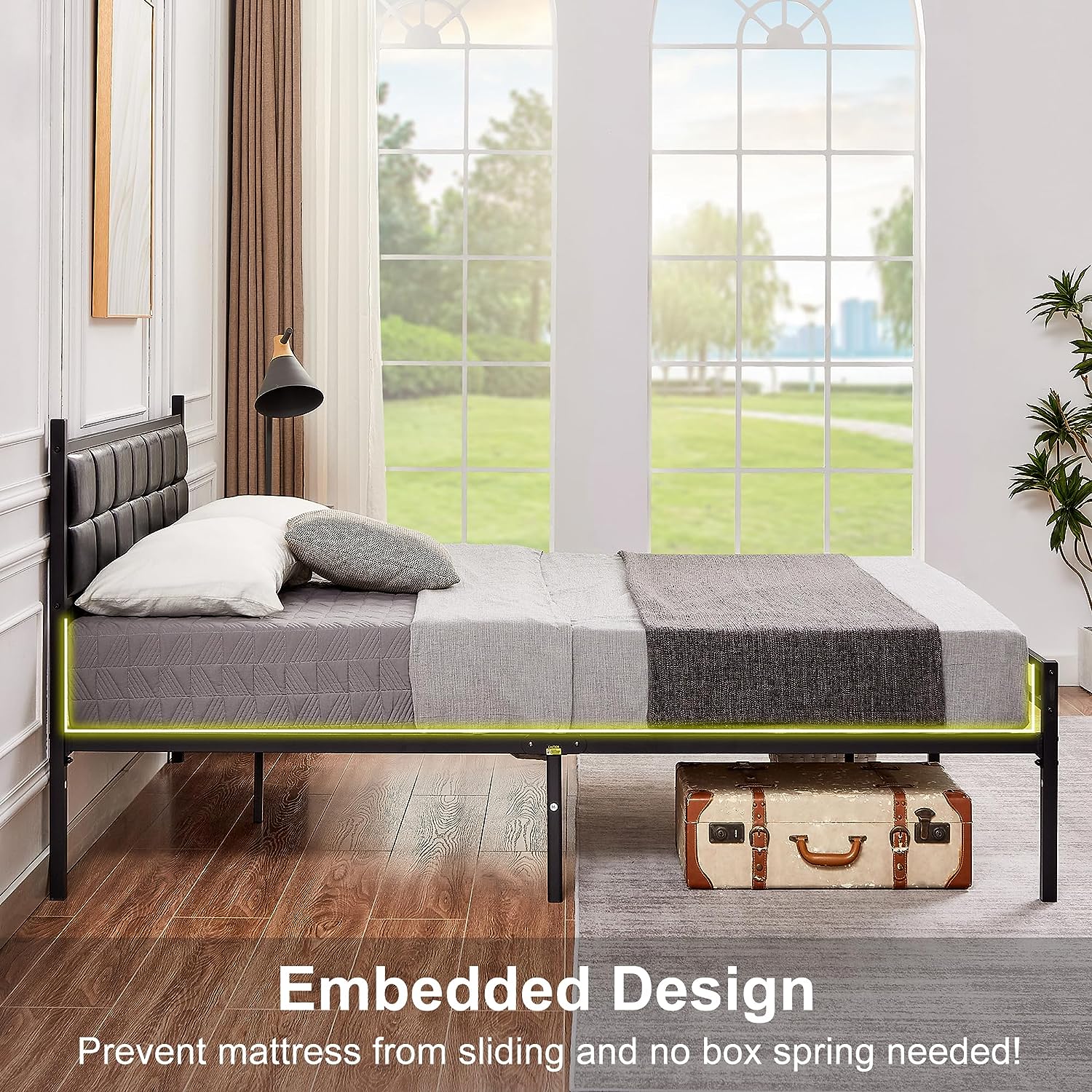 VECELO Bed Frame with PU Upholstered Headboard Metal Slats Support, No Box Spring Needed - VECELO