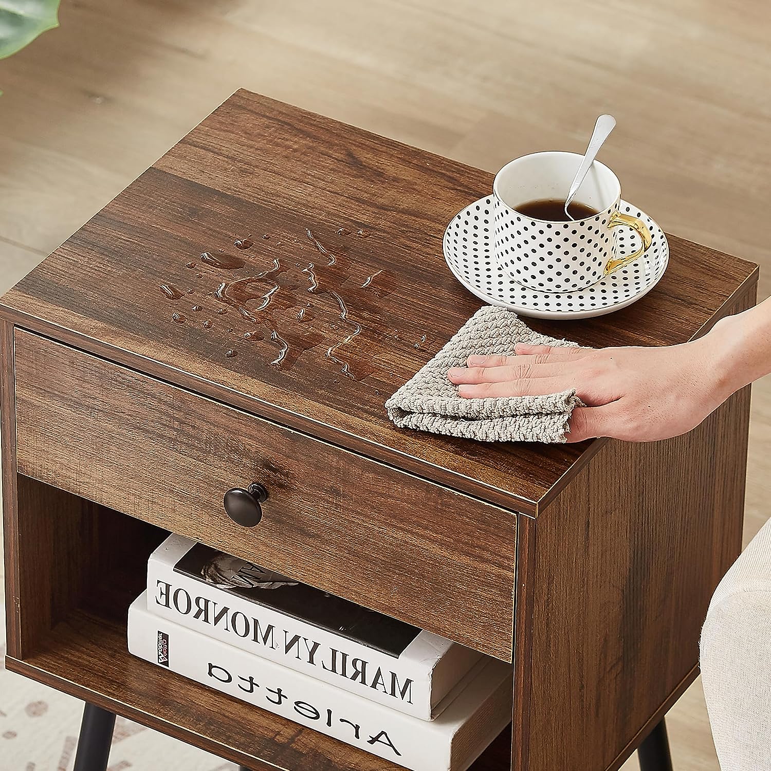 VECELO Mid-Century 2-Tier Modern NightStand/Side Table with Drawer & Open Storage Compartment for Living Room, Bedroom