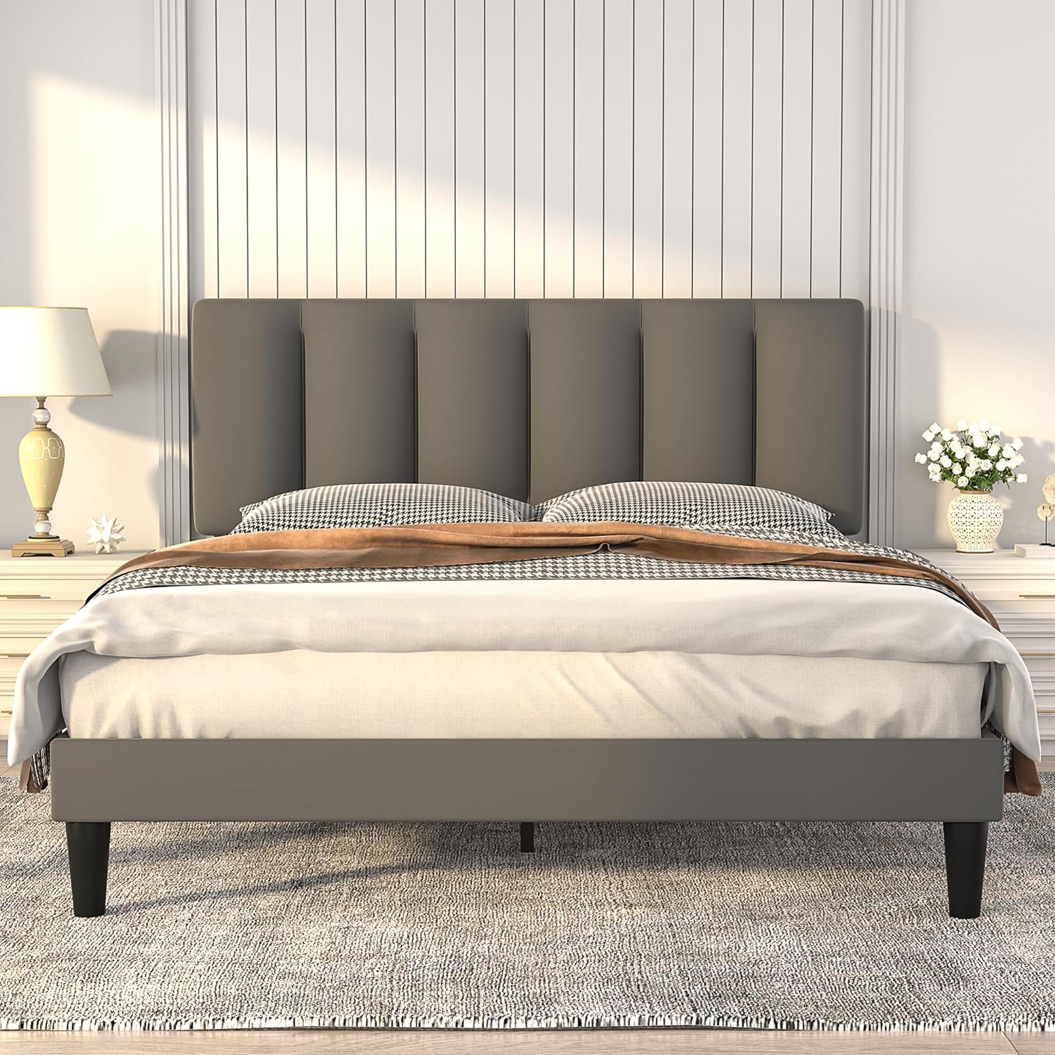 VECELO Modern Upholstered Platform Bedframe, Adjustable Headboard