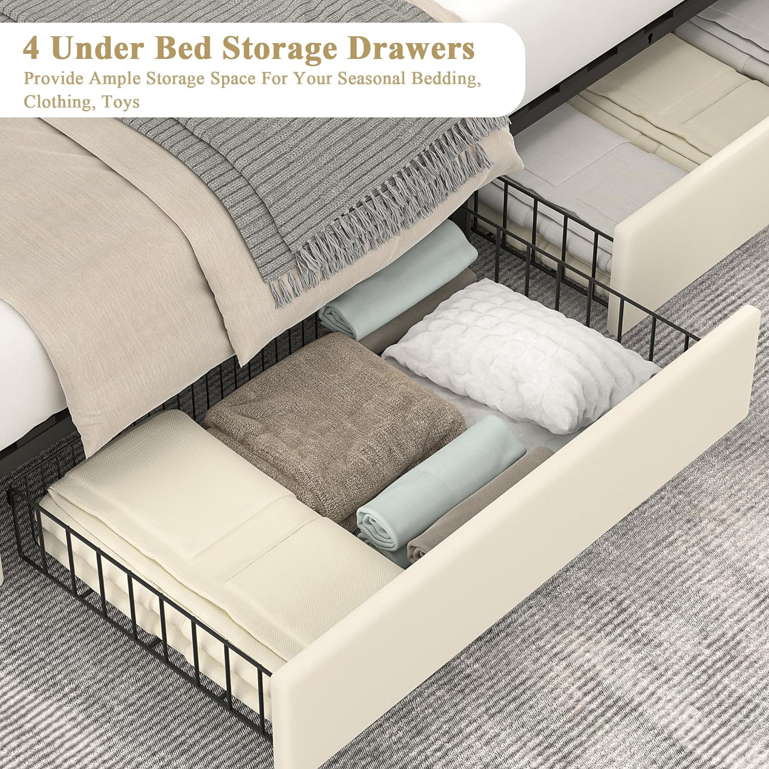 VECELO Upholstered Platform Bed Frame Platform with 4 Storage Drawers