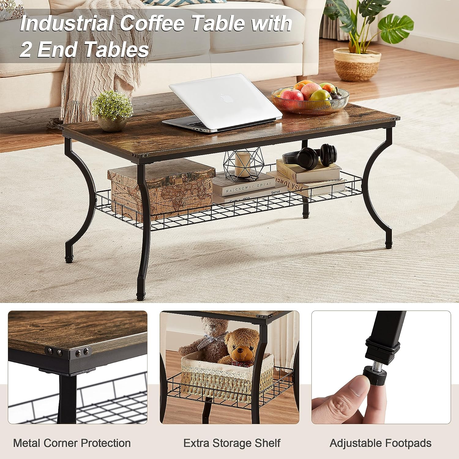VECELO End/Coffee/Side Table Set of 3 with Storage Shelf for Living Room