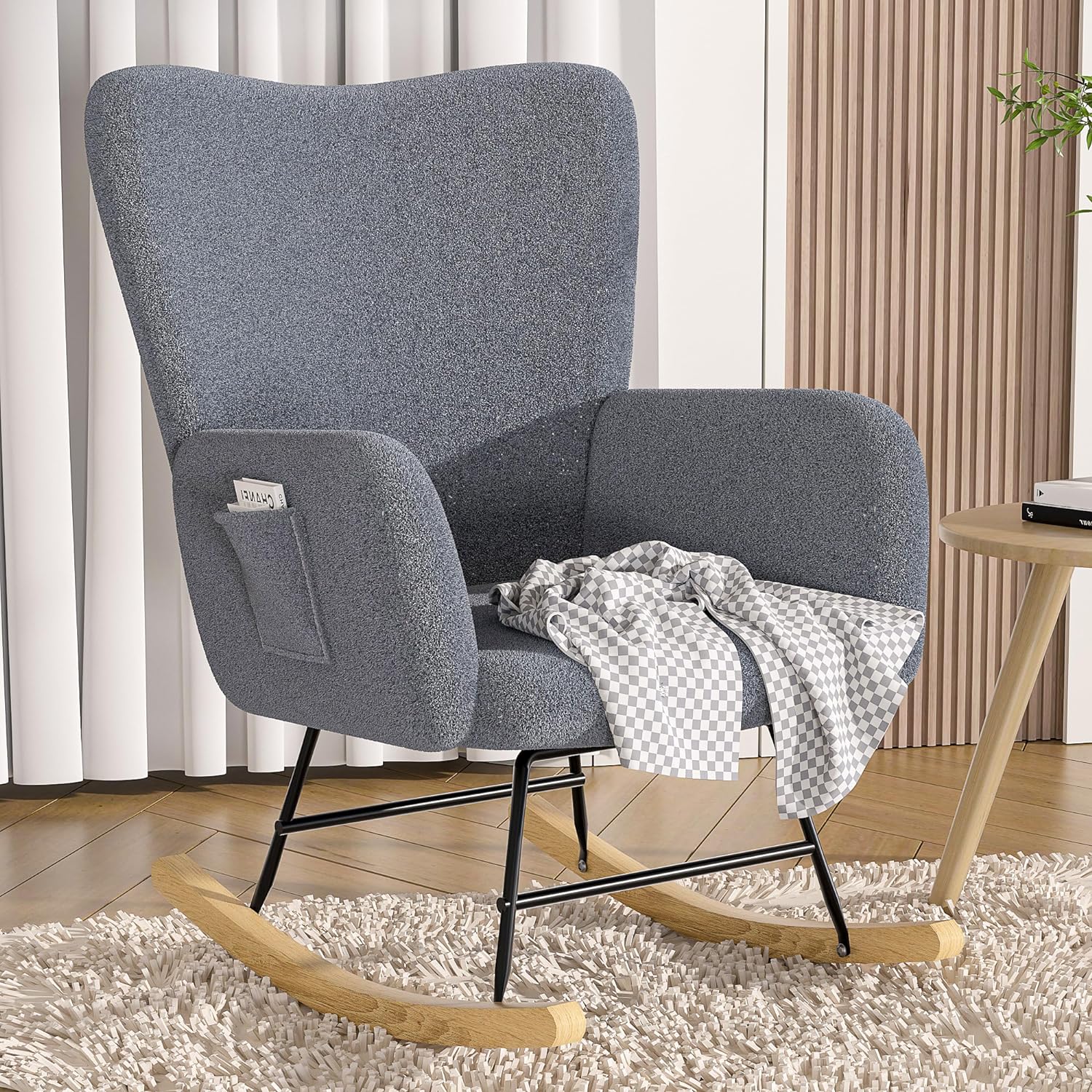 VECELO Rocking Chair, Modern Upholstered Teddy Fabric Nursery Glider with Padded Seat