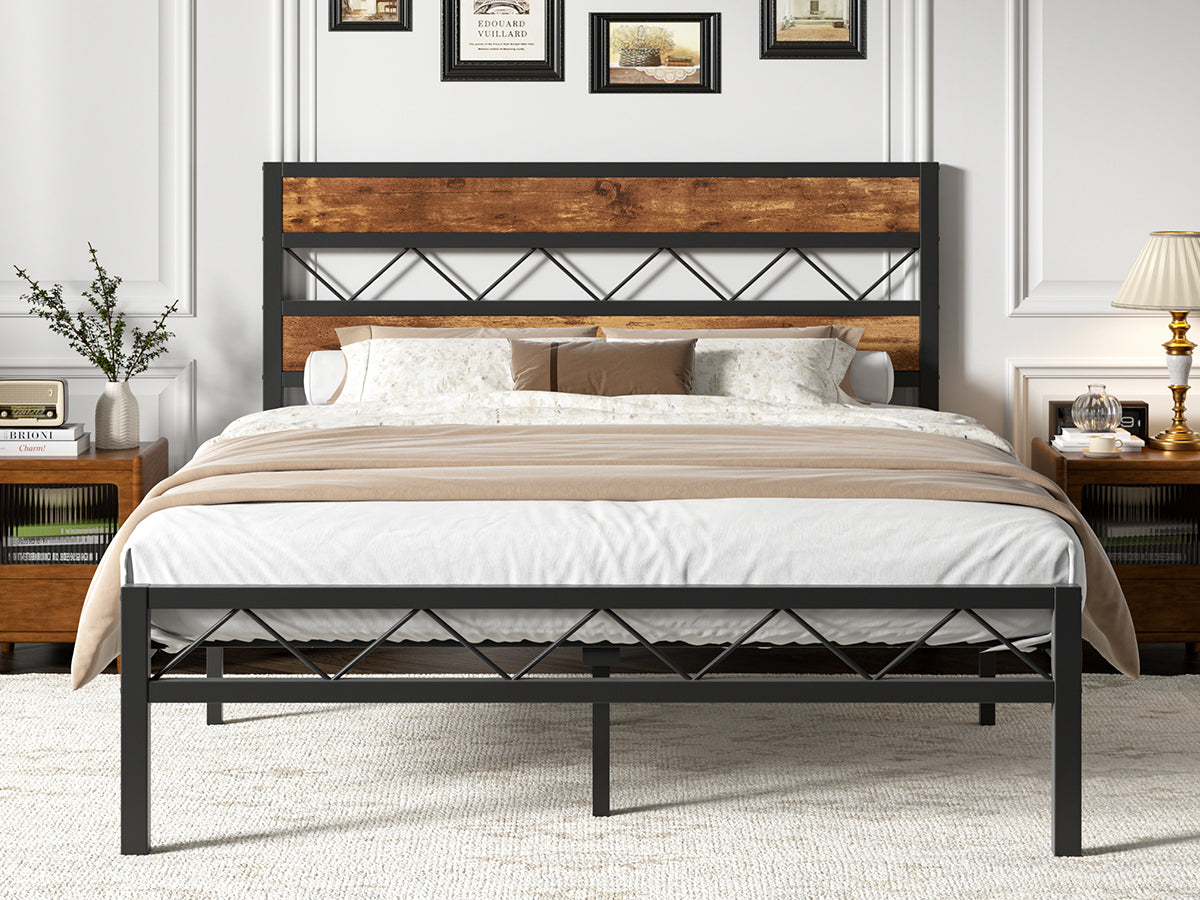 VECELO Metal Platform Bed Frame with Rustic Vintage Wooden Headboard