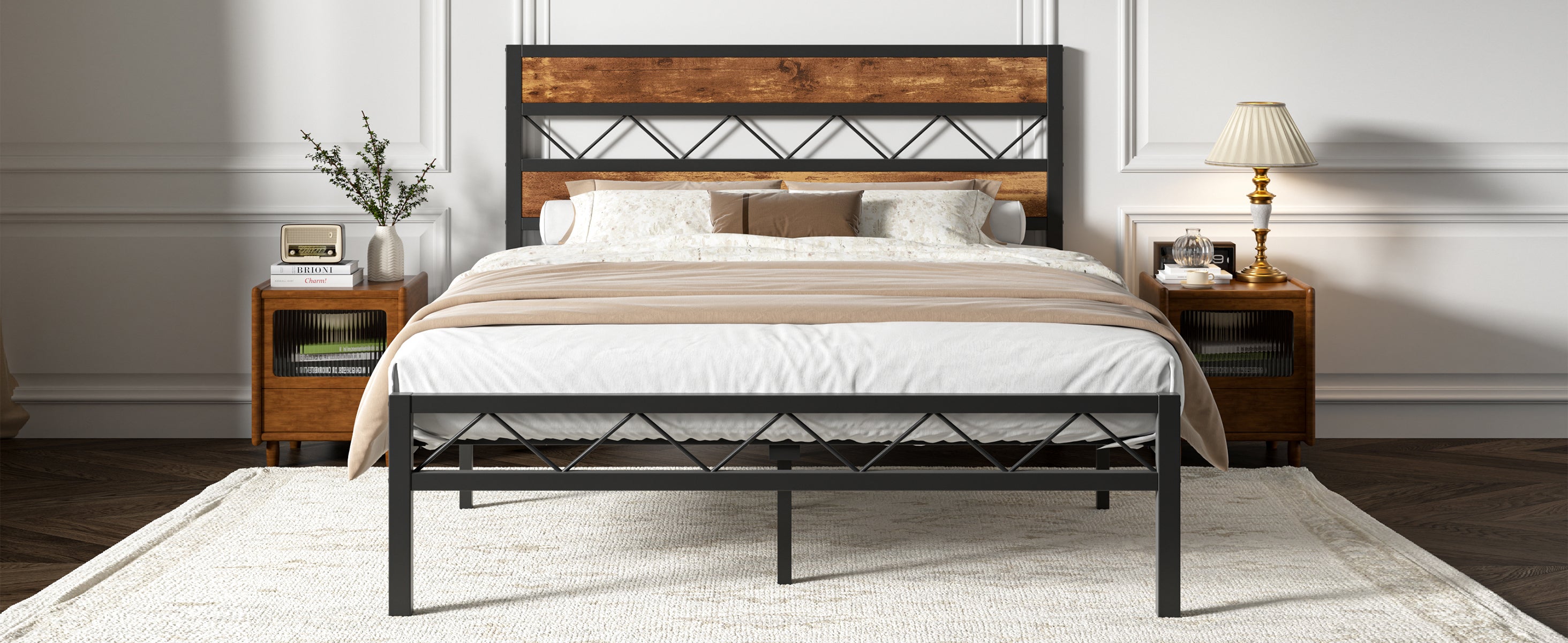 VECELO Metal Platform Bed Frame with Rustic Vintage Wooden Headboard