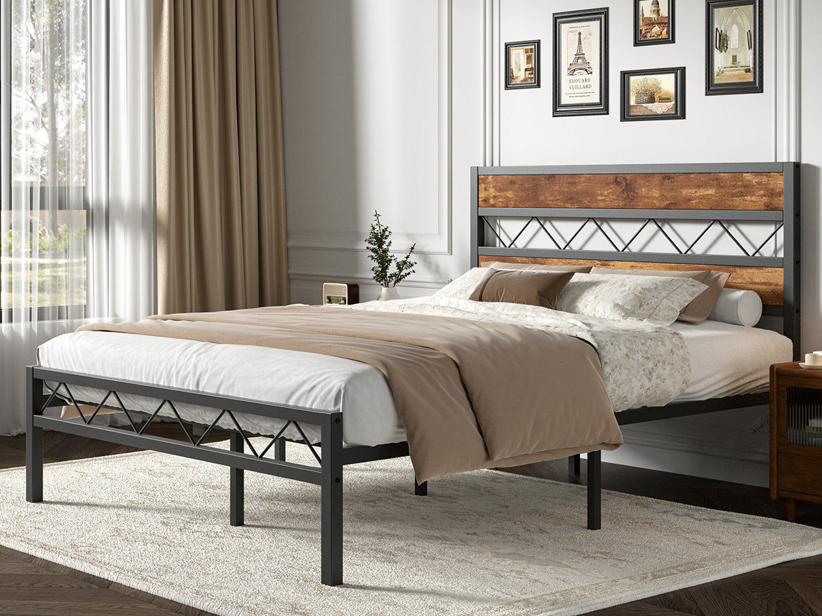 VECELO Metal Platform Bed Frame with Rustic Vintage Wooden Headboard