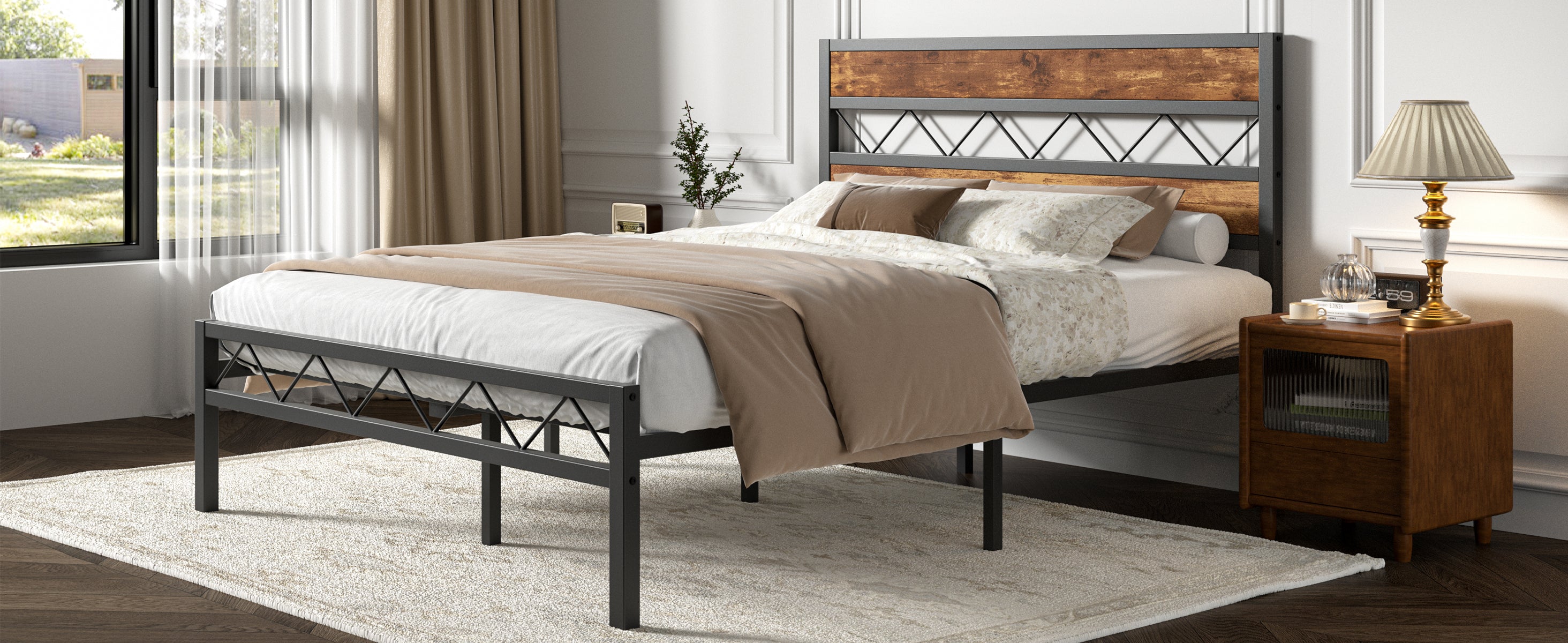 VECELO Metal Platform Bed Frame with Rustic Vintage Wooden Headboard