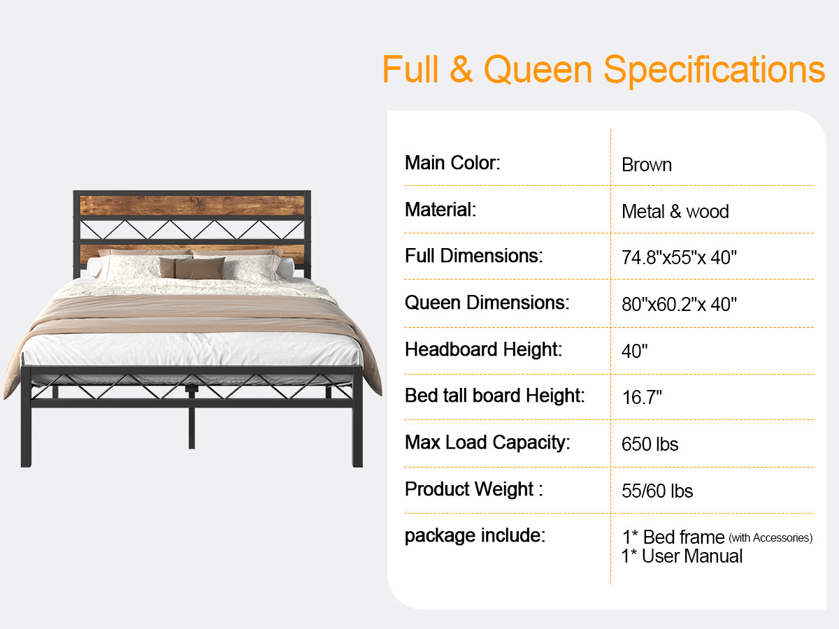 VECELO Metal Platform Bed Frame with Rustic Vintage Wooden Headboard