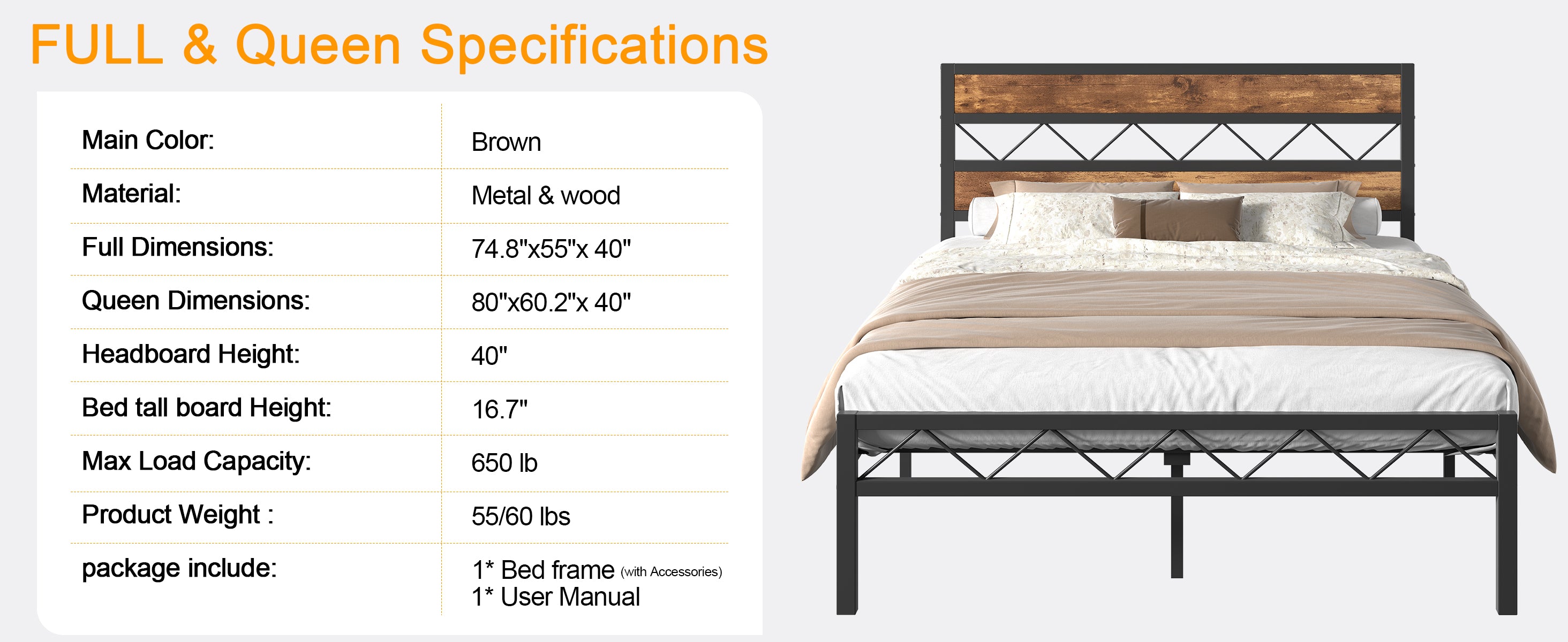 VECELO Metal Platform Bed Frame with Rustic Vintage Wooden Headboard