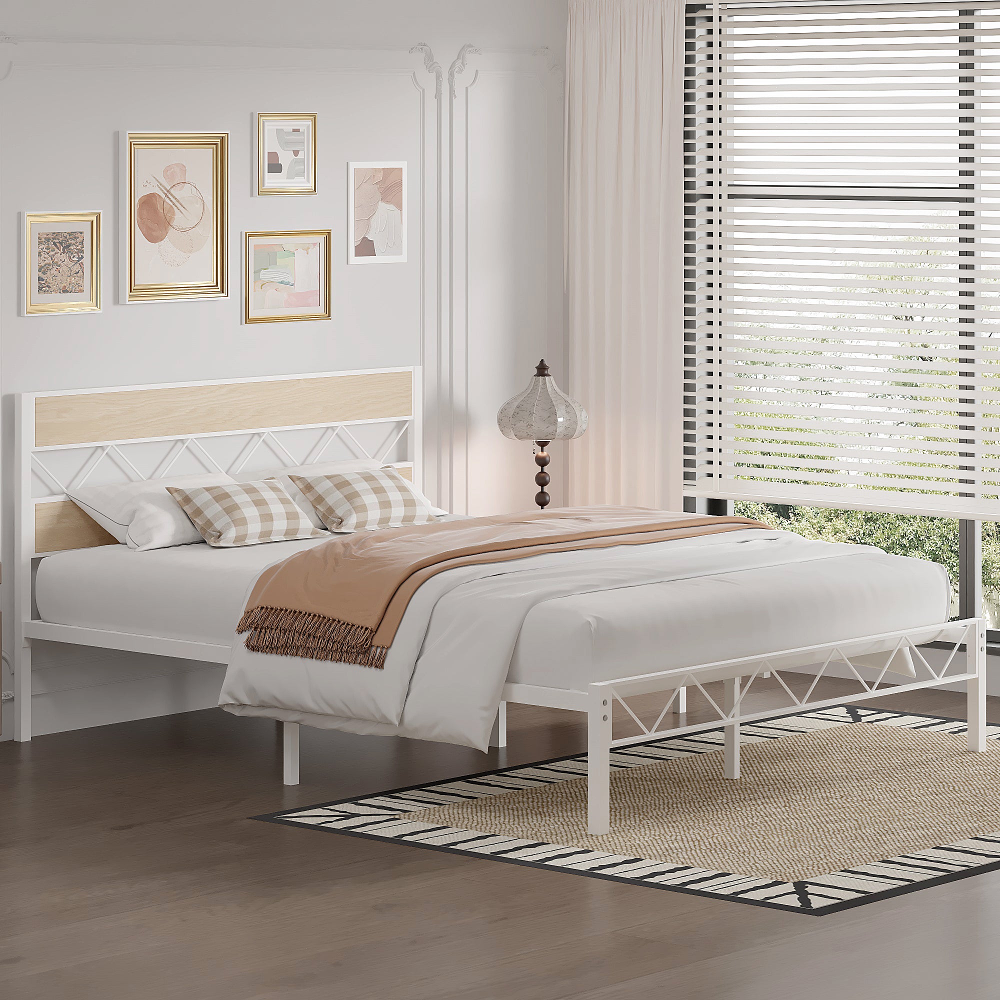 VECELO Metal Platform Bed Frame with Rustic Vintage Wooden Headboard