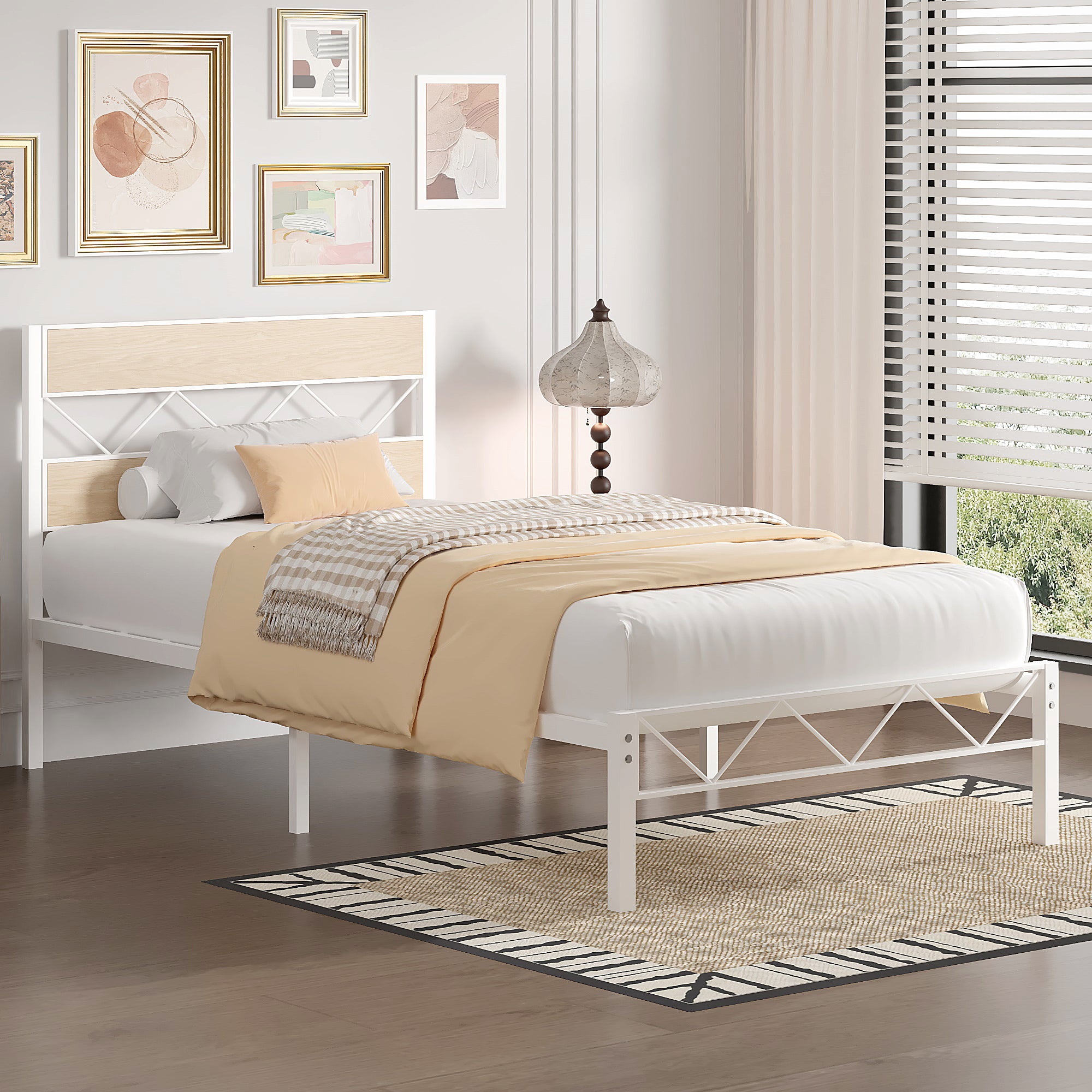 VECELO Metal Platform Bed Frame with Rustic Vintage Wooden Headboard