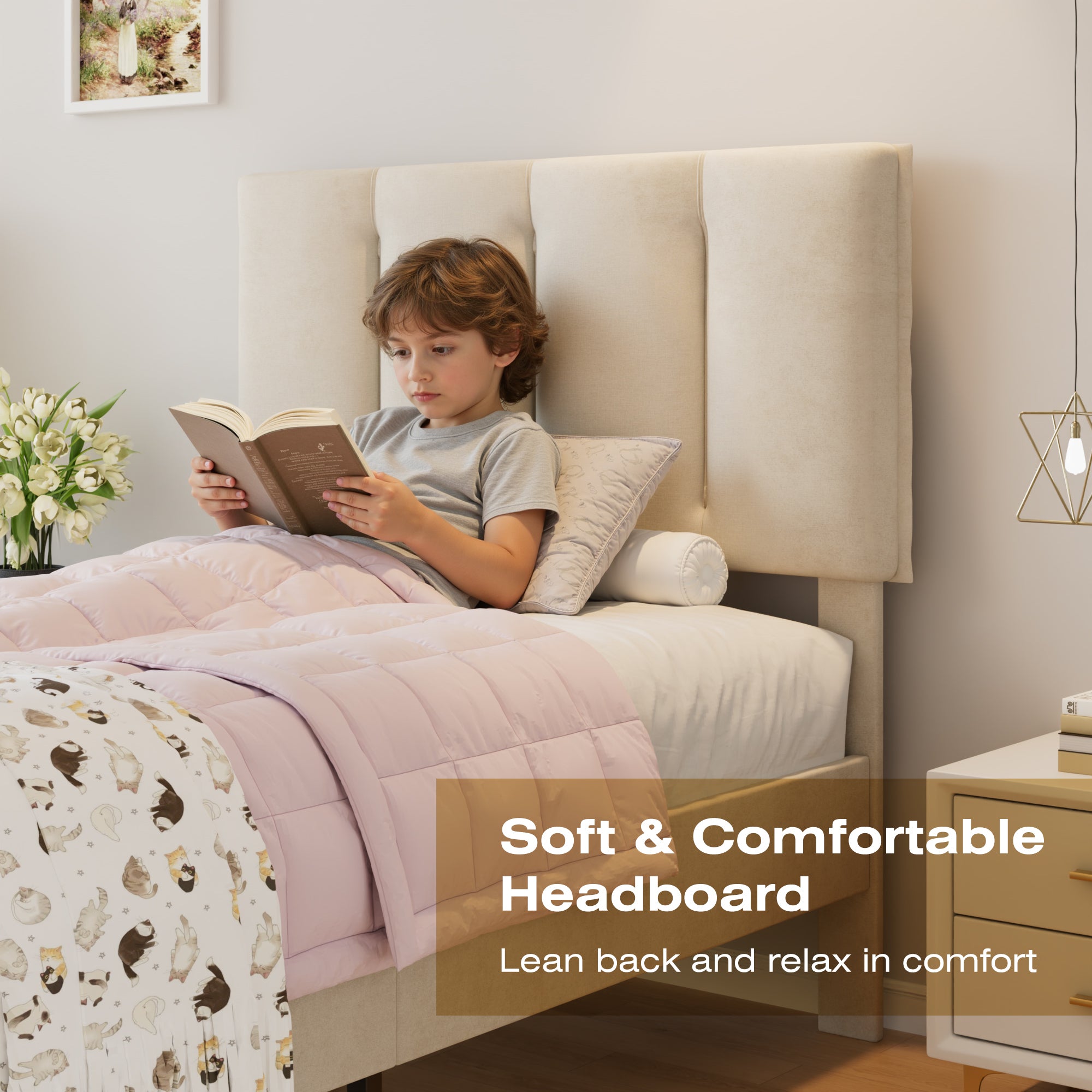 VECELO Modern Upholstered Platform Bedframe, Adjustable Headboard