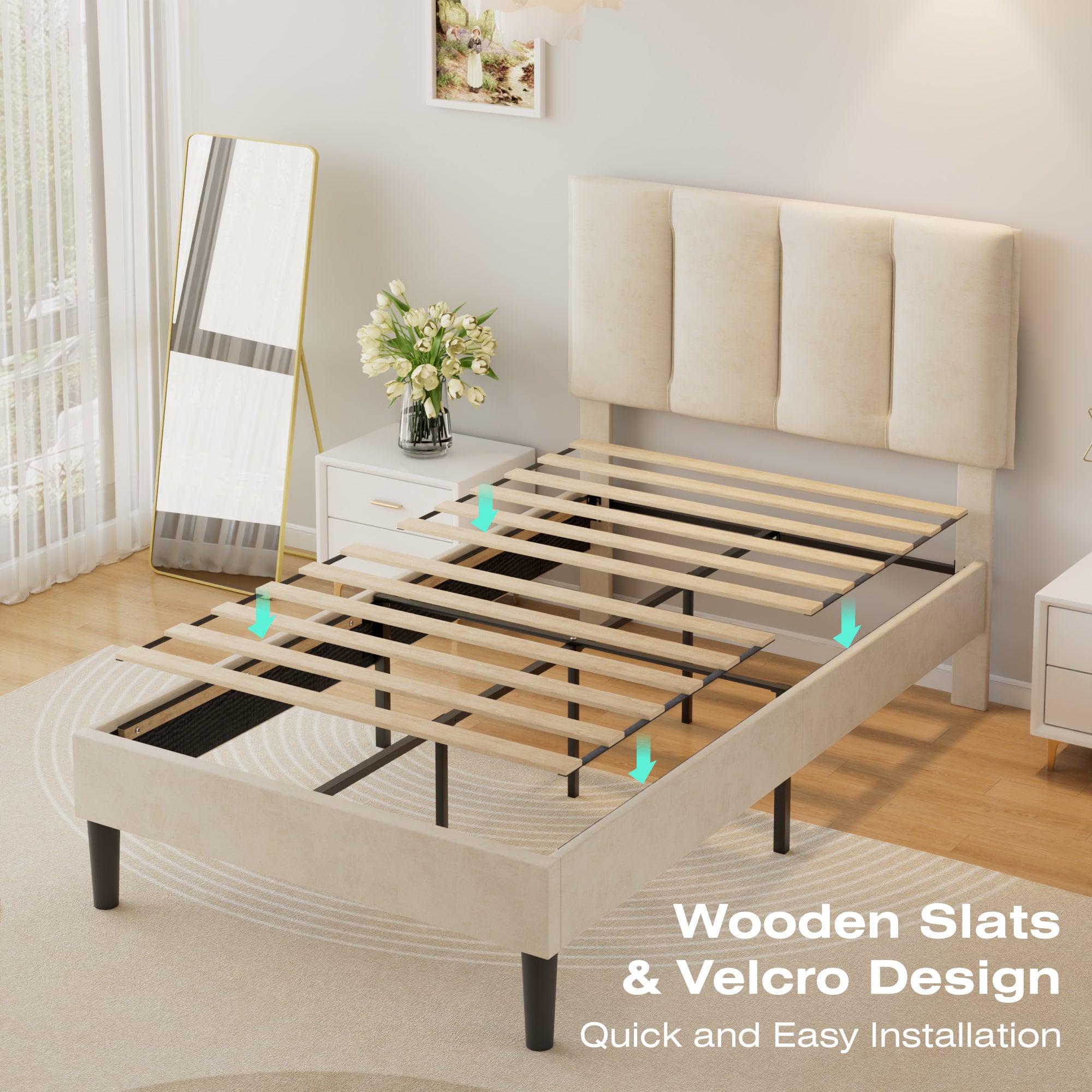 VECELO Modern Upholstered Platform Bedframe, Adjustable Headboard