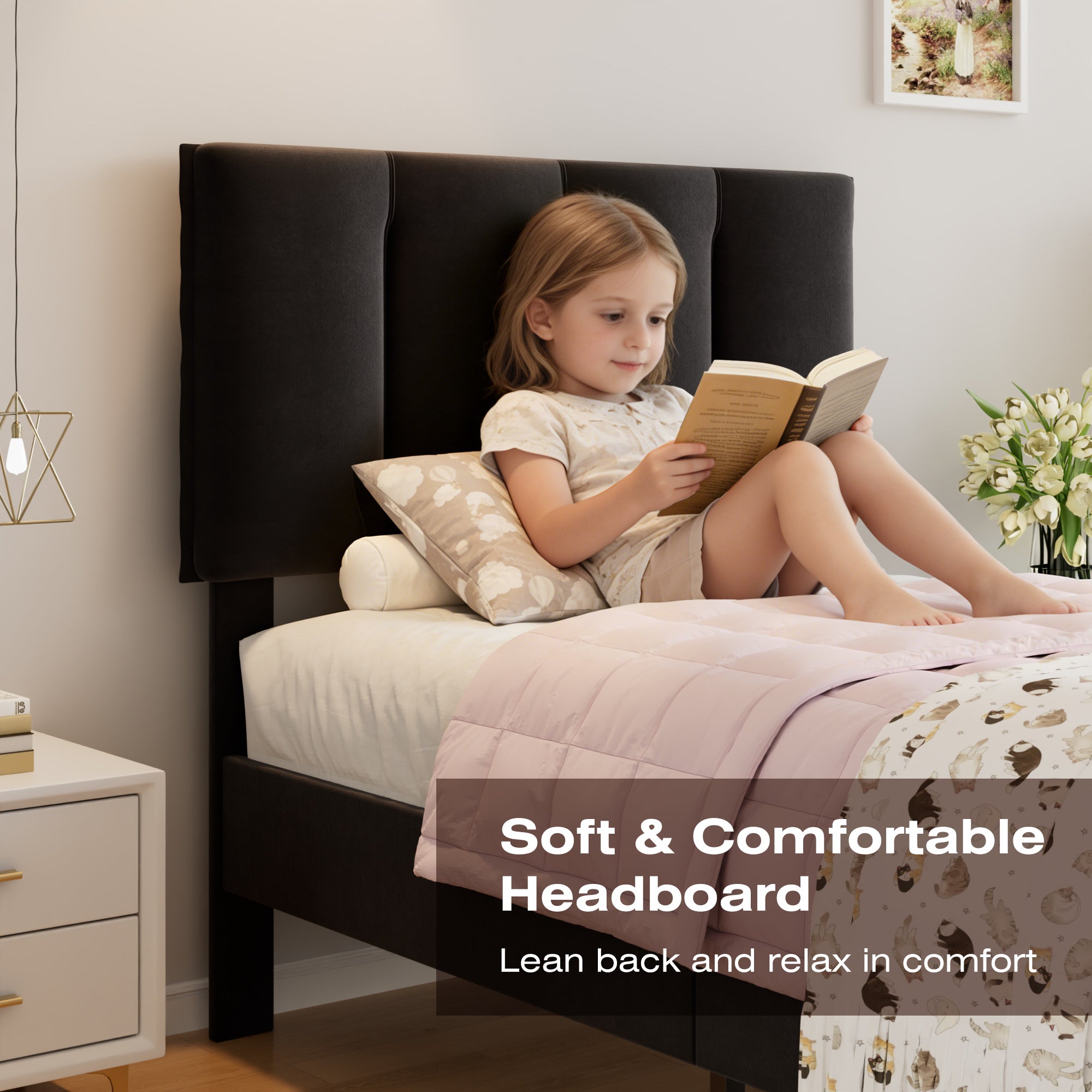 VECELO Modern Upholstered Platform Bedframe, Adjustable Headboard