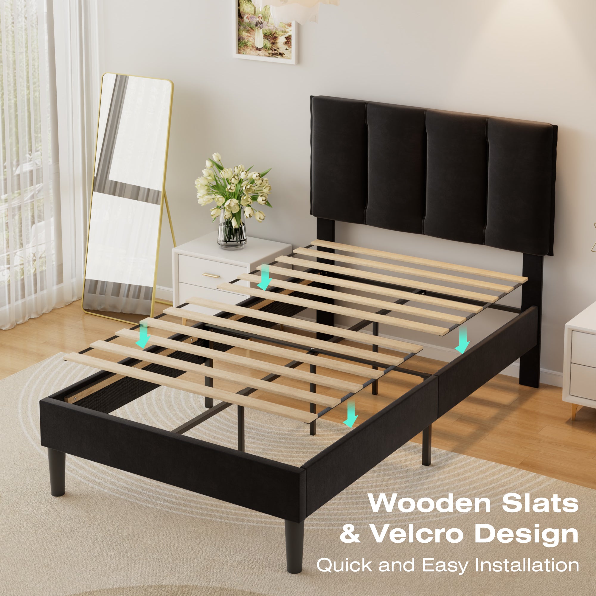 VECELO Modern Upholstered Platform Bedframe, Adjustable Headboard