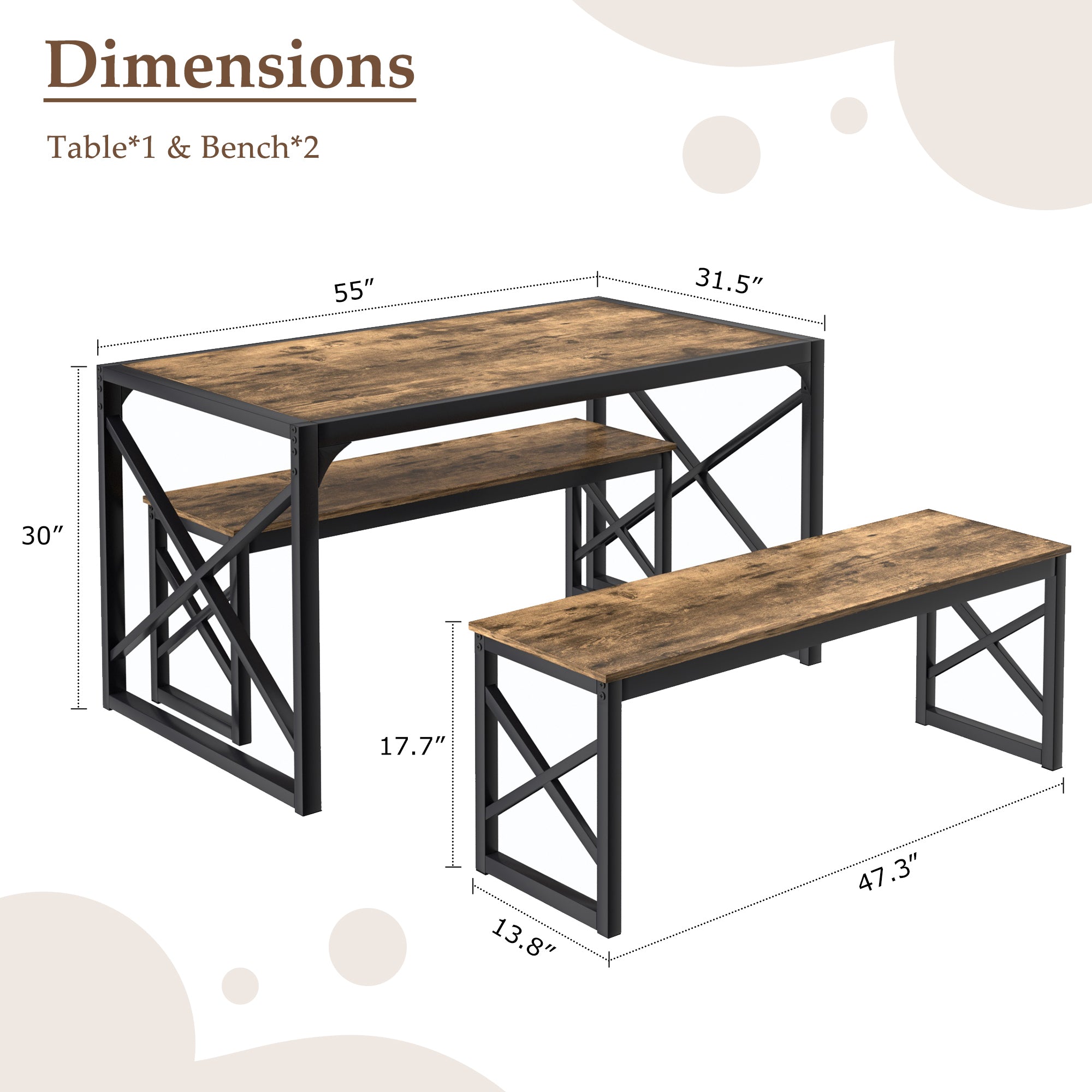 VECELO Kitchen Table with 2 Benches for 4 - VECELO