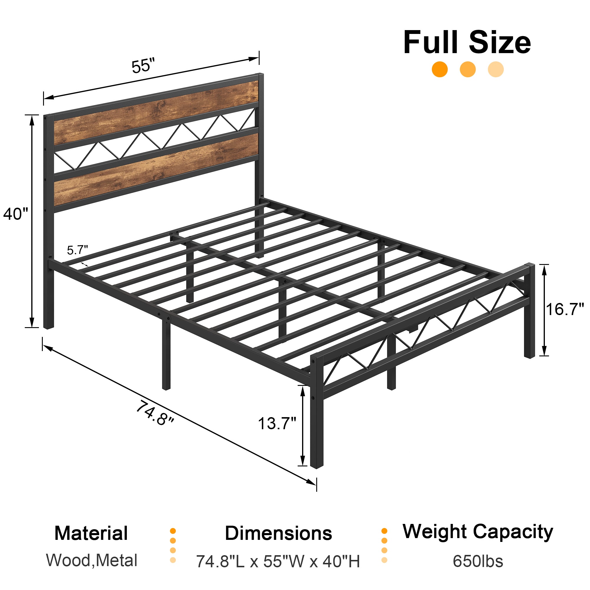 VECELO Metal Platform Bed Frame with Rustic Vintage Wooden Headboard
