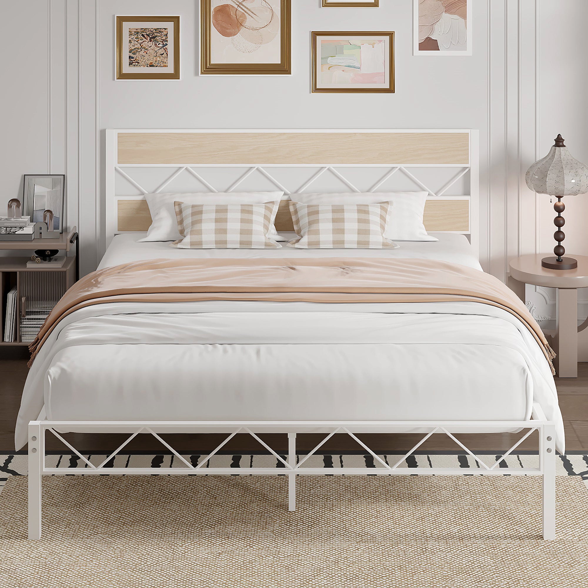 VECELO Metal Platform Bed Frame with Rustic Vintage Wooden Headboard
