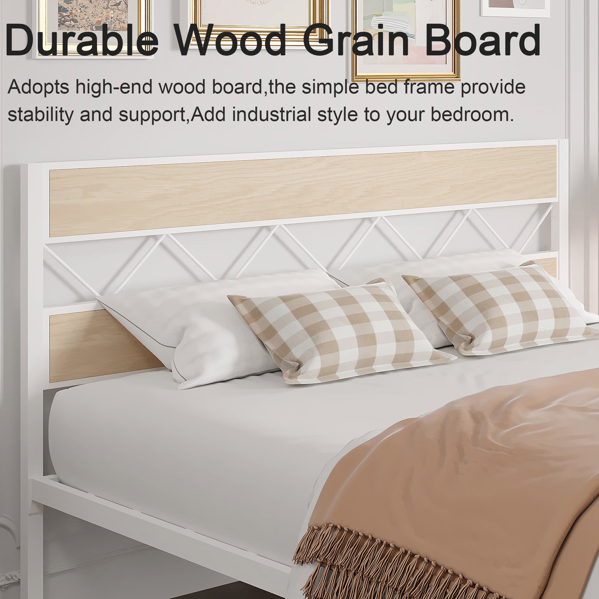 VECELO Metal Platform Bed Frame with Rustic Vintage Wooden Headboard