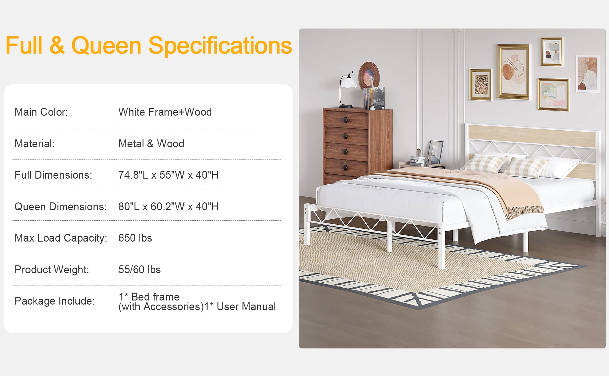 VECELO Metal Platform Bed Frame with Rustic Vintage Wooden Headboard