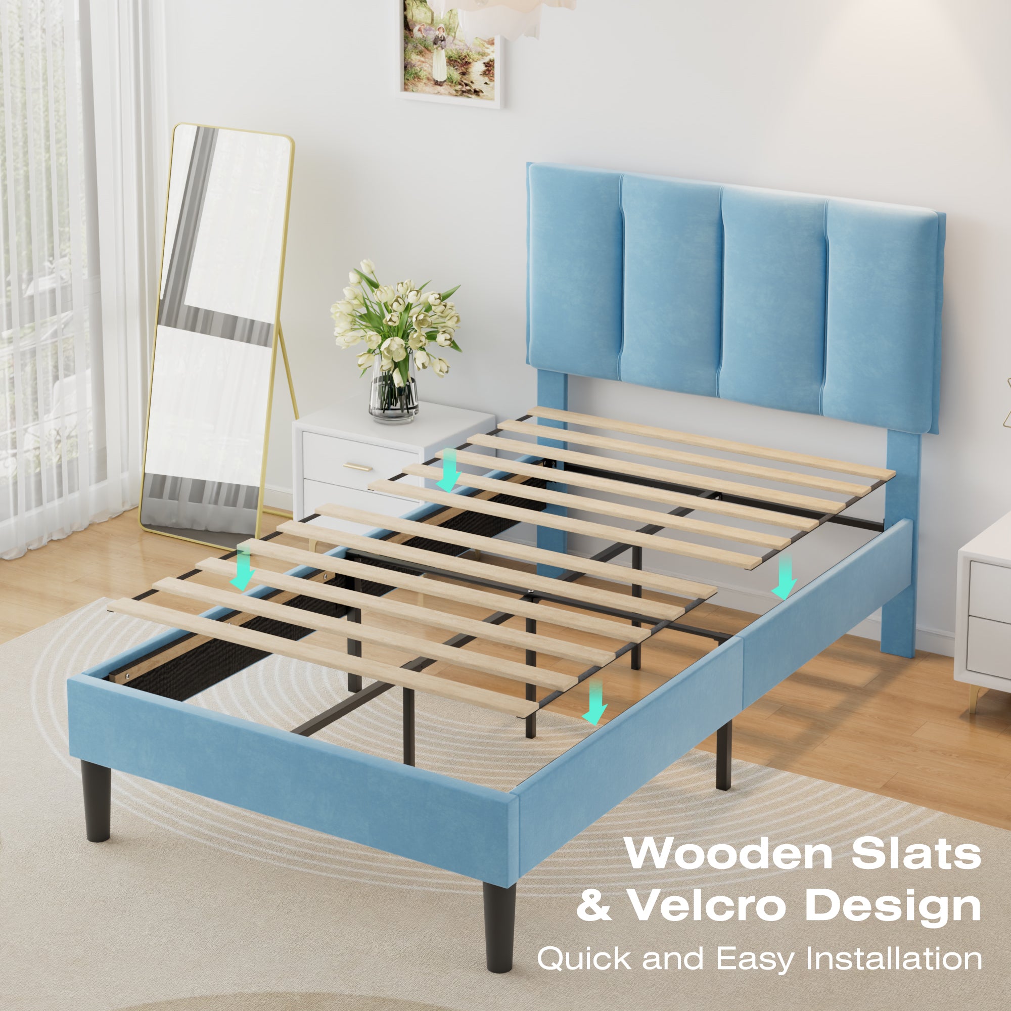 VECELO Modern Upholstered Platform Bedframe, Adjustable Headboard