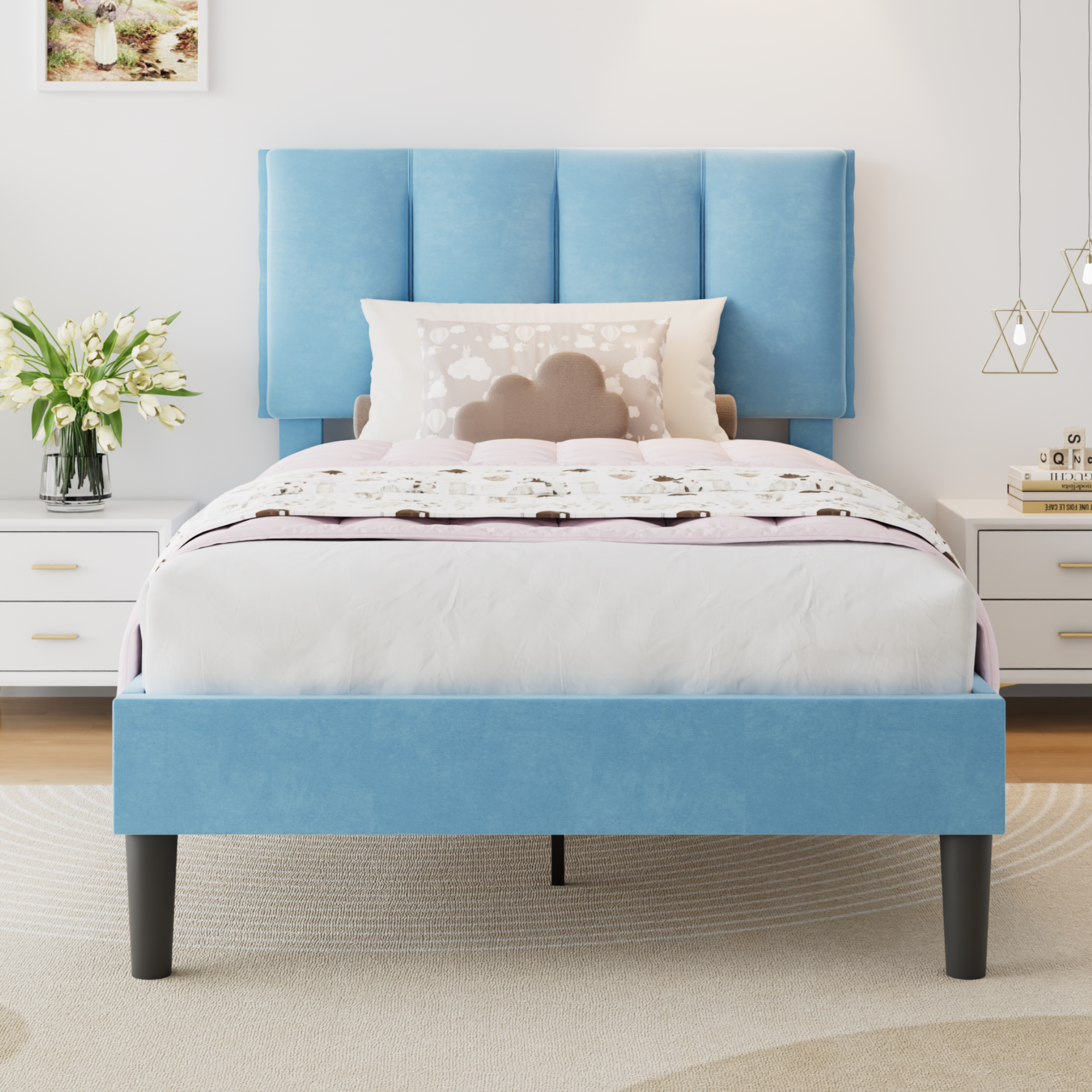 VECELO Modern Upholstered Platform Bedframe, Adjustable Headboard