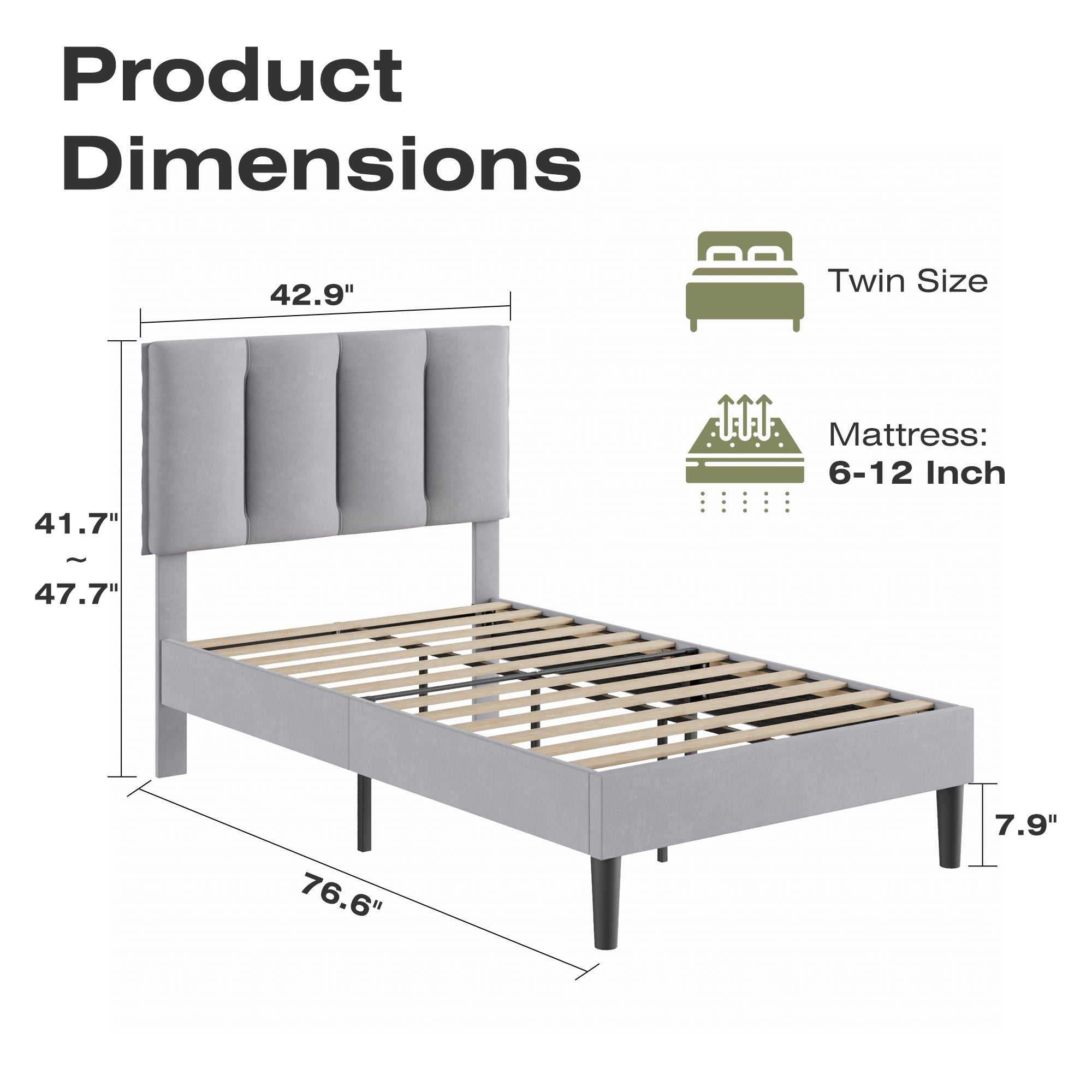VECELO Modern Upholstered Platform Bedframe, Adjustable Headboard
