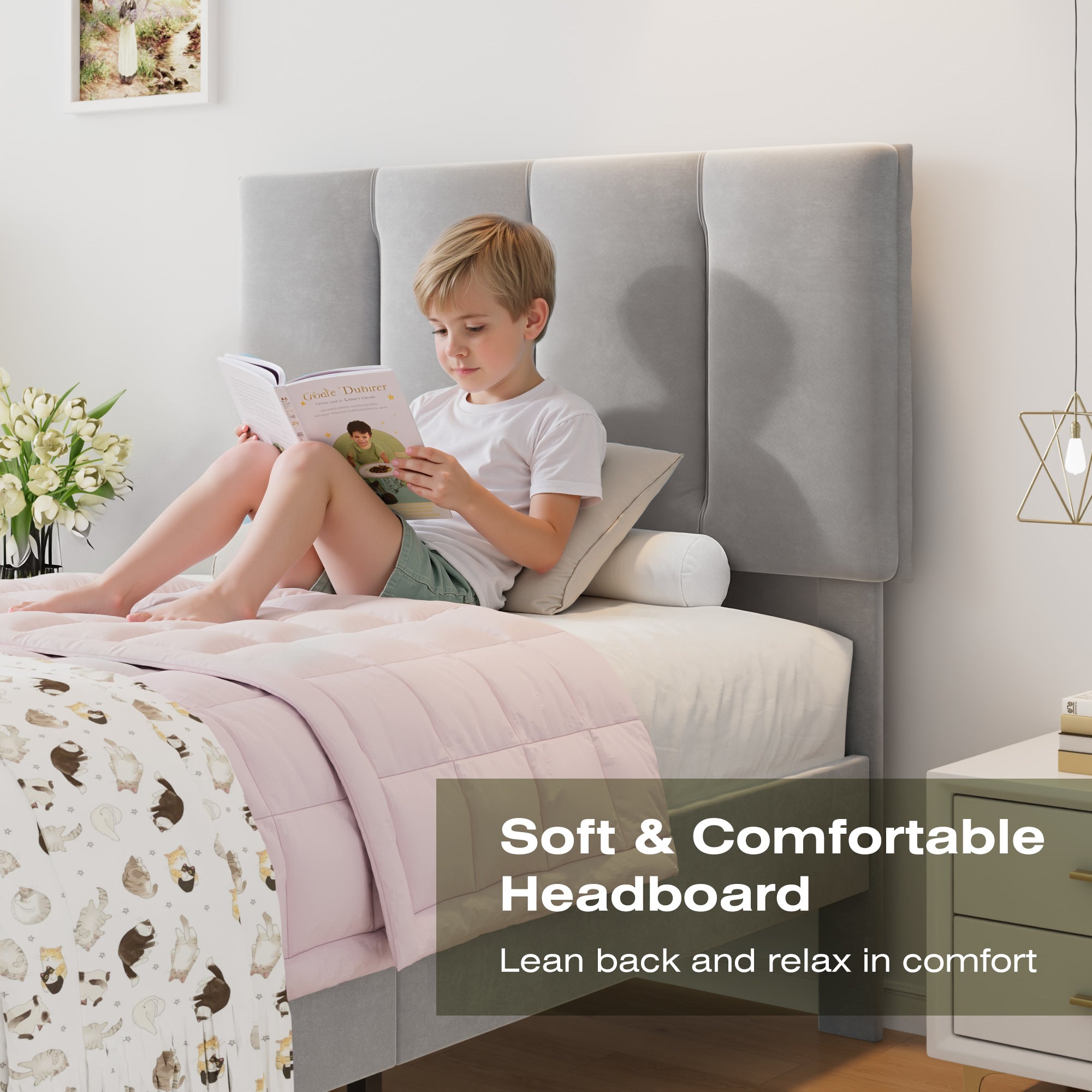 VECELO Modern Upholstered Platform Bedframe, Adjustable Headboard