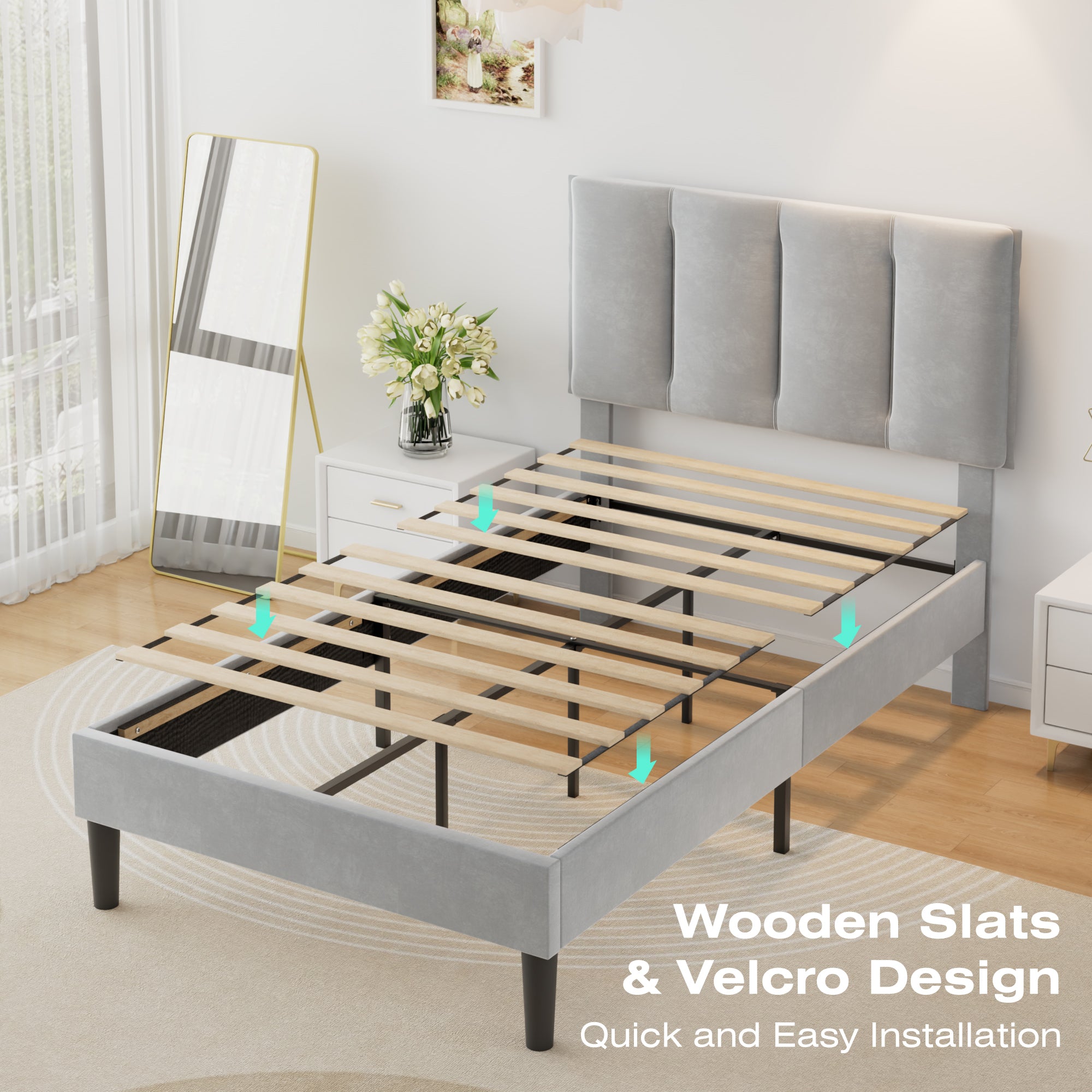 VECELO Modern Upholstered Platform Bedframe, Adjustable Headboard
