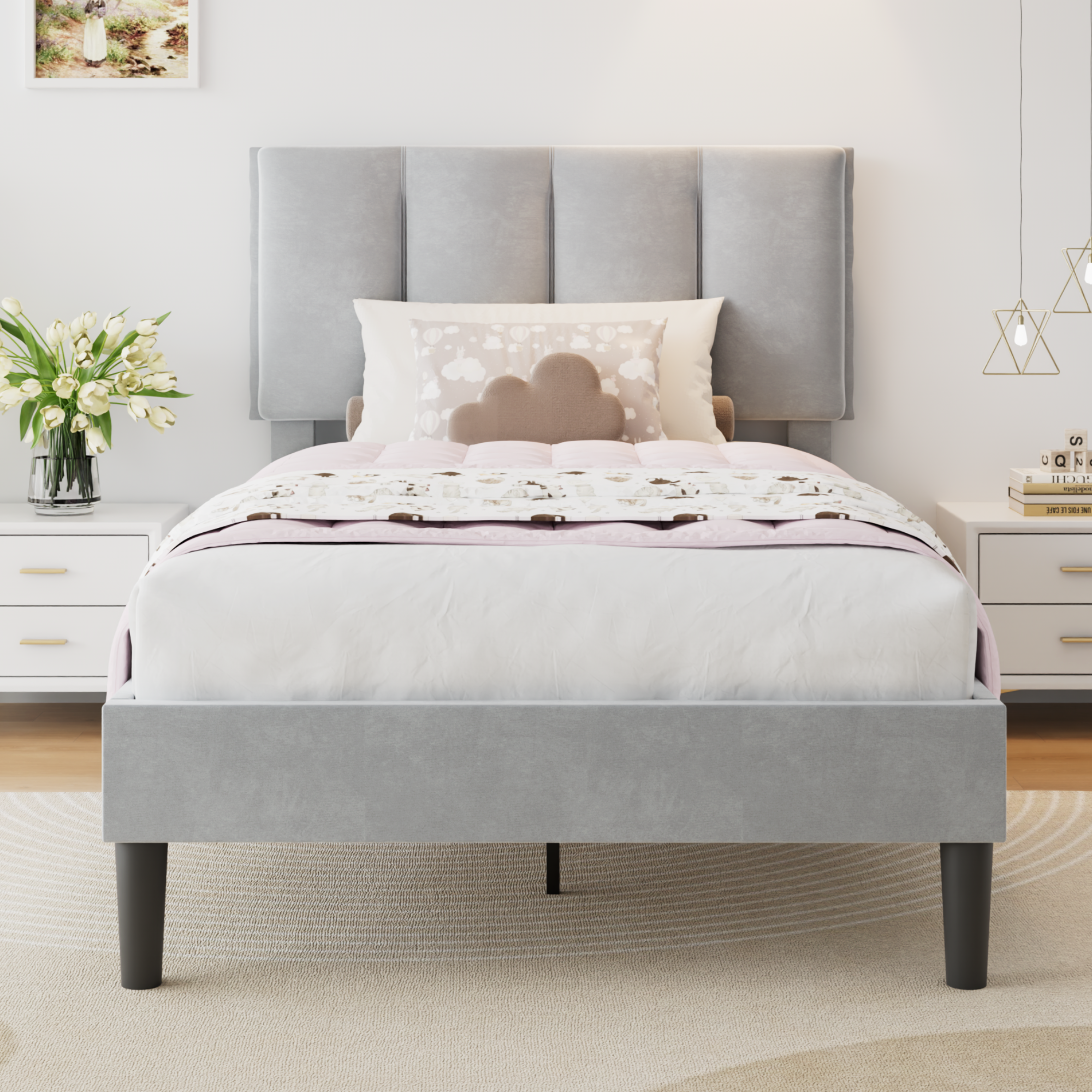 VECELO Modern Upholstered Platform Bedframe, Adjustable Headboard