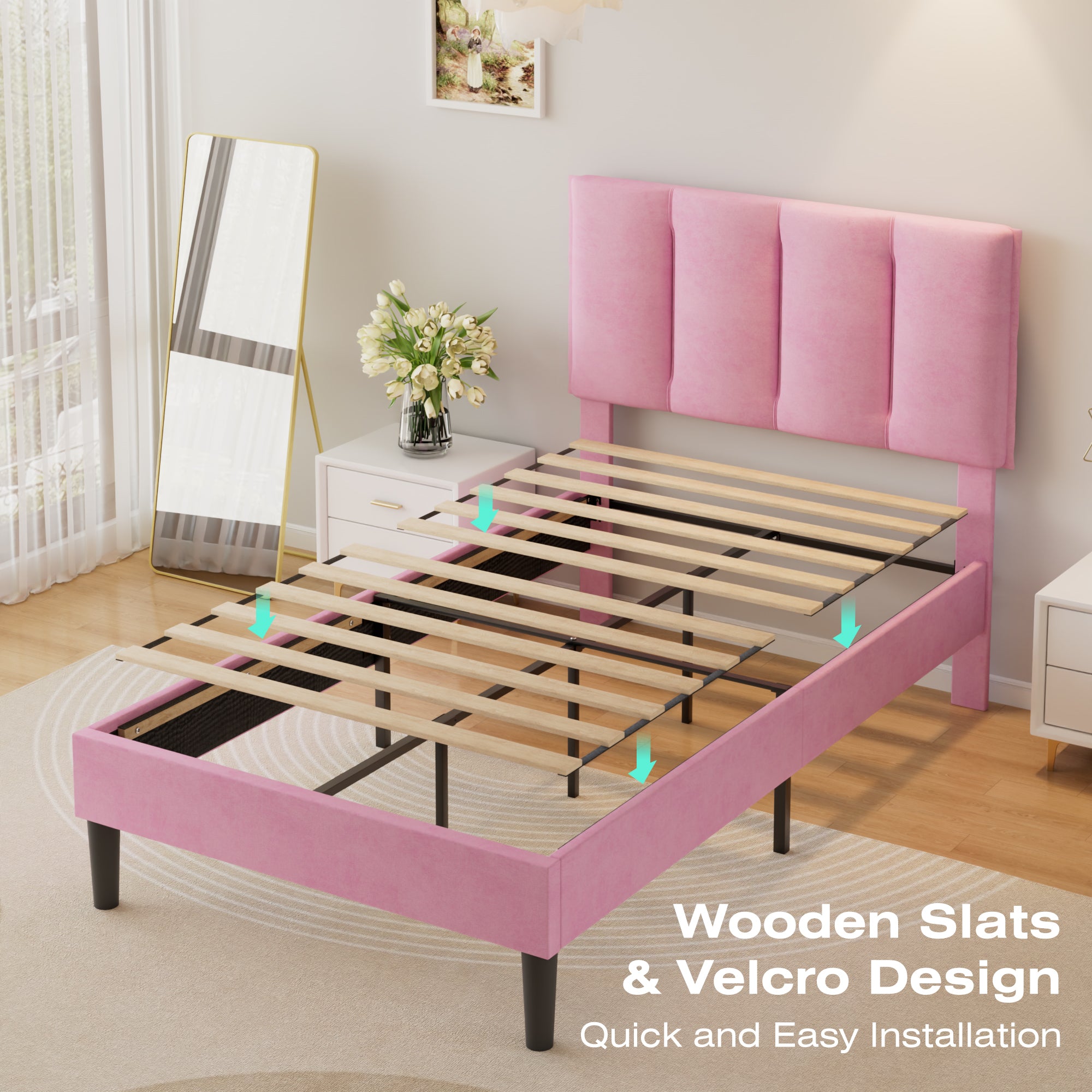 VECELO Modern Upholstered Platform Bedframe, Adjustable Headboard