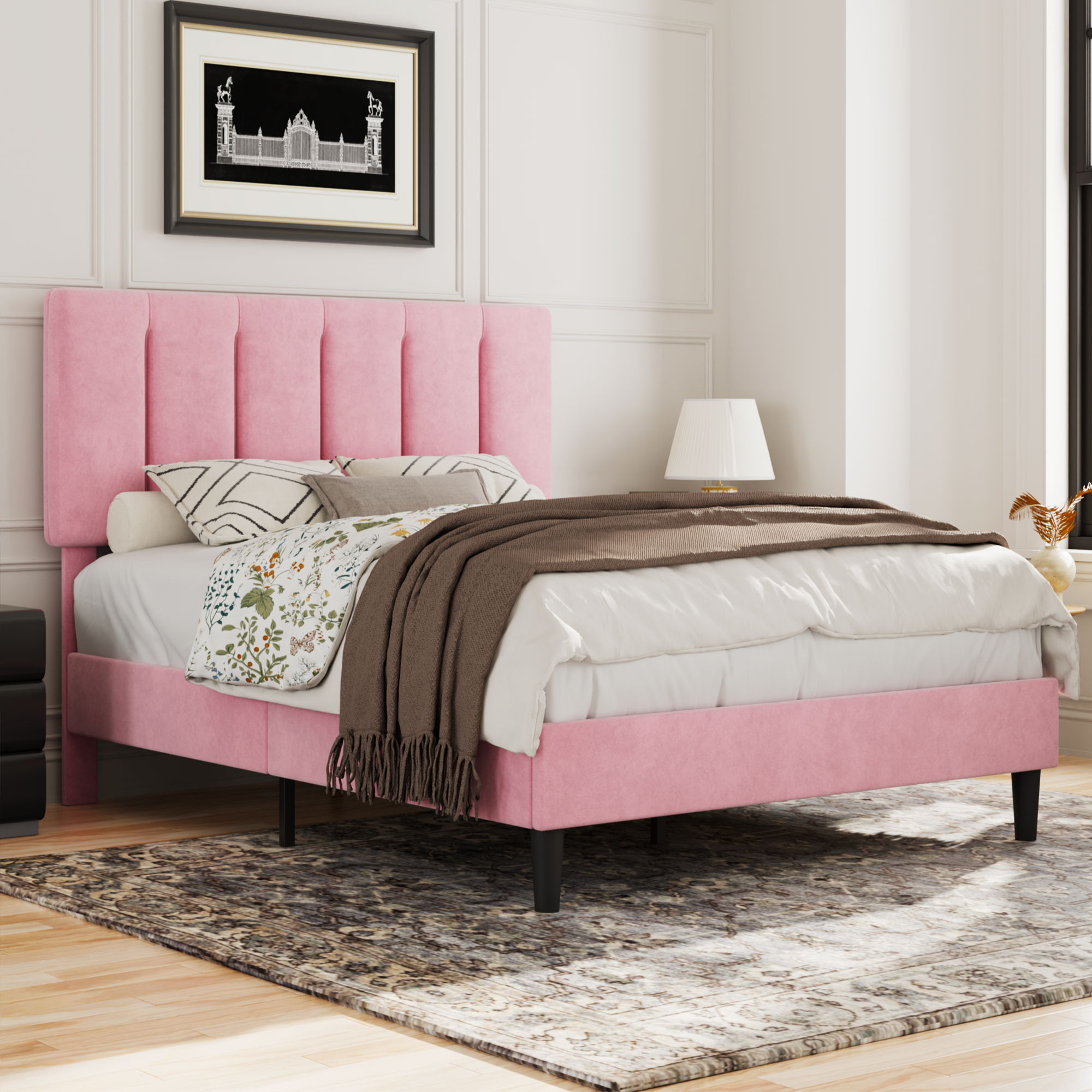 VECELO Modern Upholstered Platform Bedframe, Adjustable Headboard
