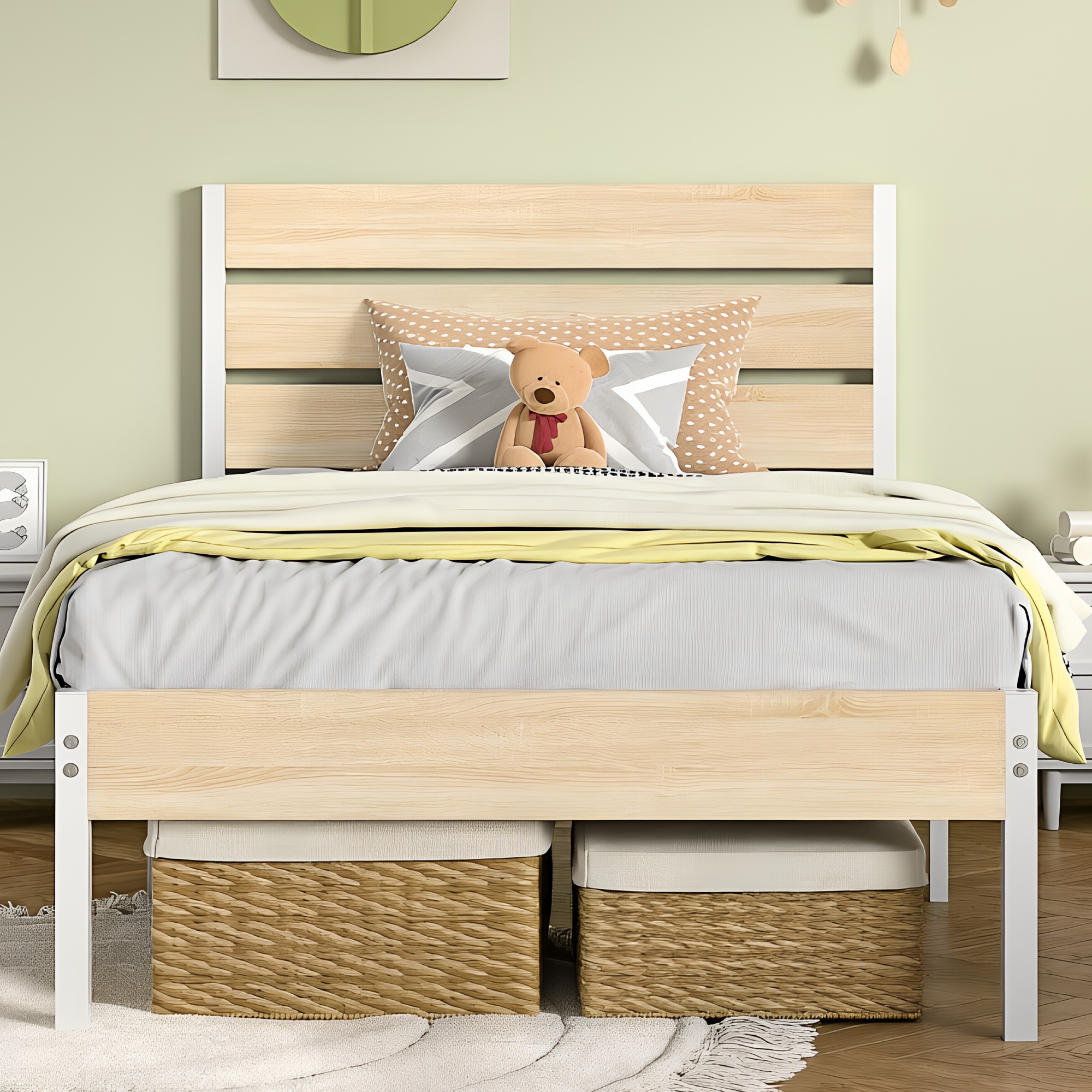 VECELO Platform Bed Frame with Rustic Vintage Wood Headboard/Strong Metal Slats Support