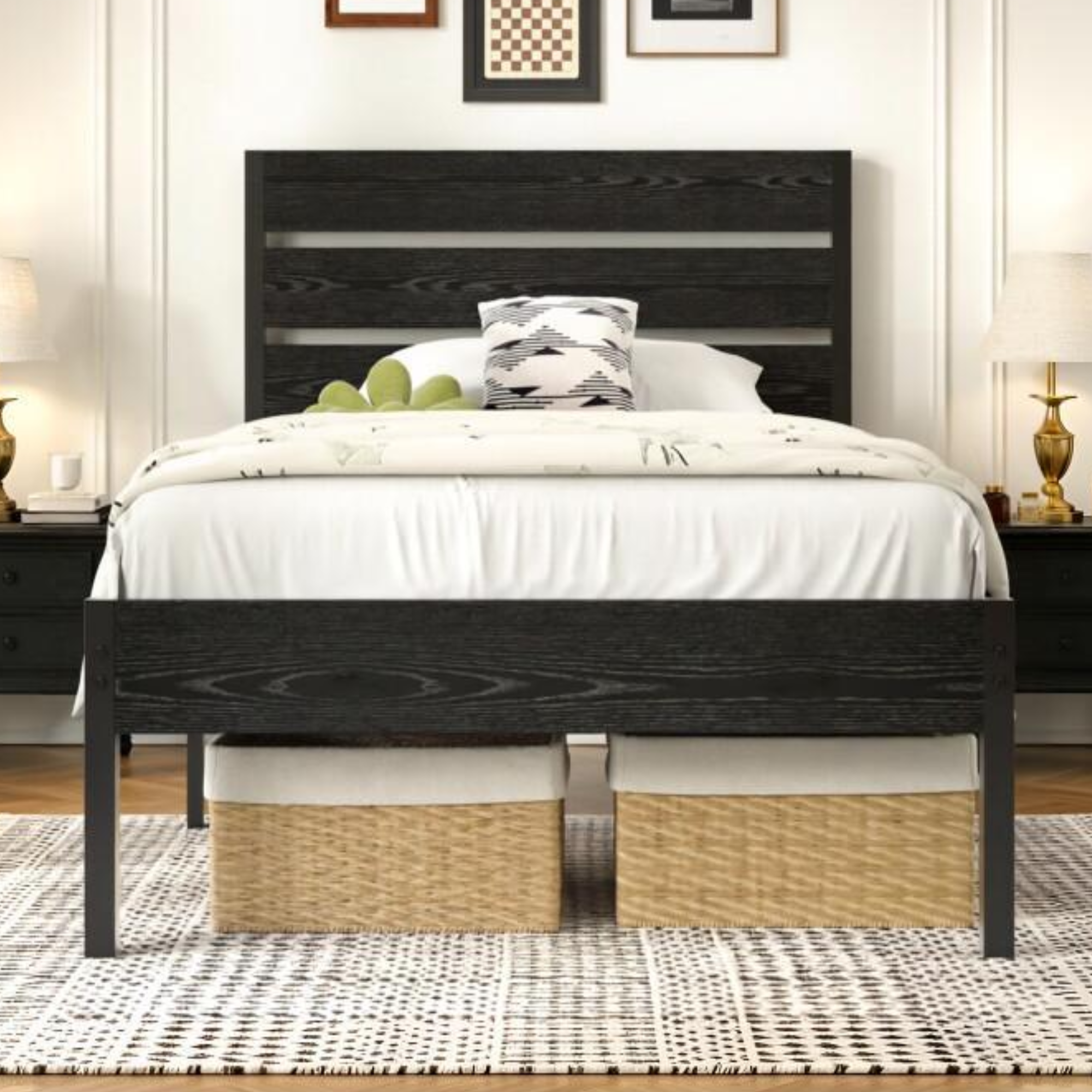 VECELO Platform Bed Frame with Rustic Vintage Wood Headboard/Strong Metal Slats Support