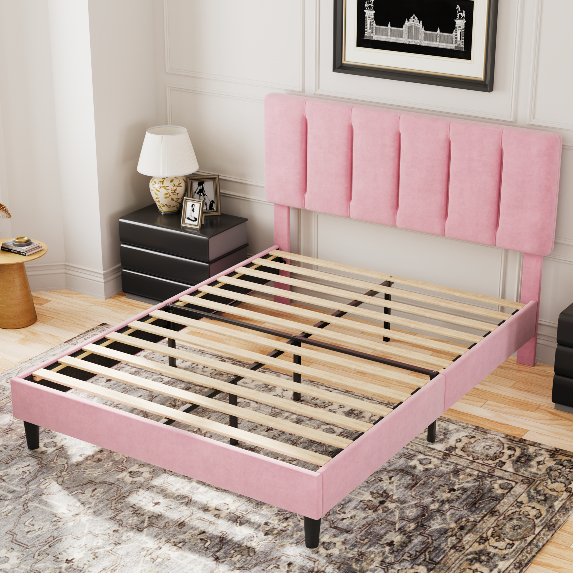 VECELO Modern Upholstered Platform Bedframe, Adjustable Headboard