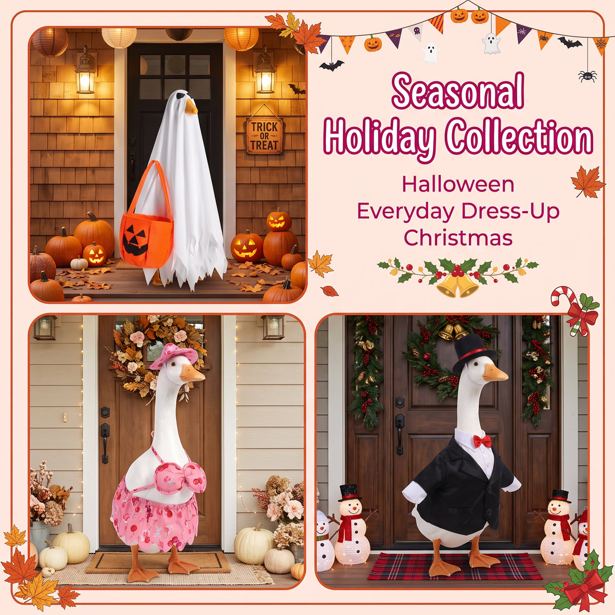 VECELO All Season Holiday Porch Goose Outfits Set of 8 23 inch