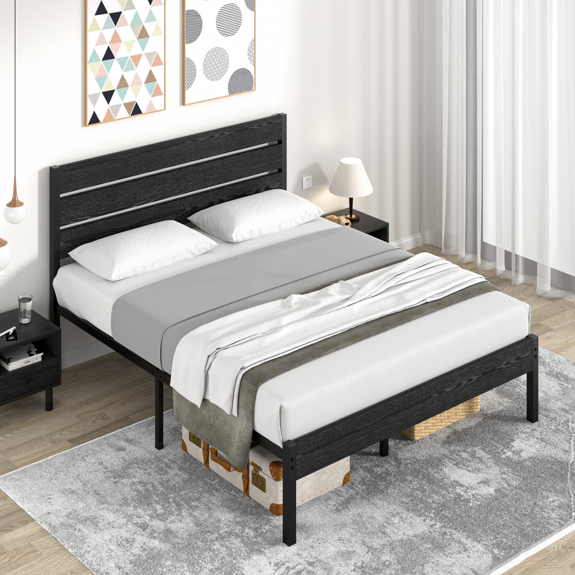 VECELO Platform Bed Frame with Rustic Vintage Wood Headboard/Strong Metal Slats Support