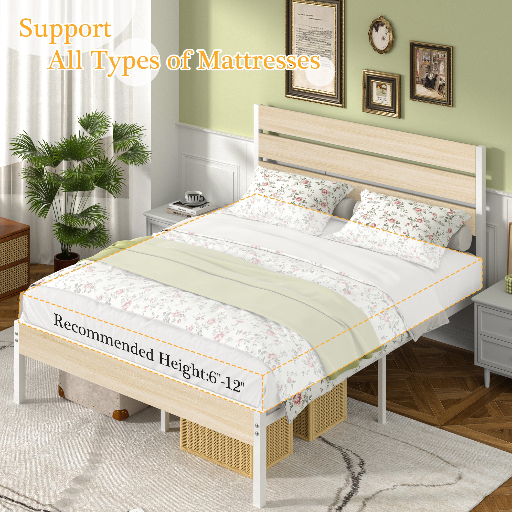 VECELO Platform Bed Frame with Rustic Vintage Wood Headboard/Strong Metal Slats Support