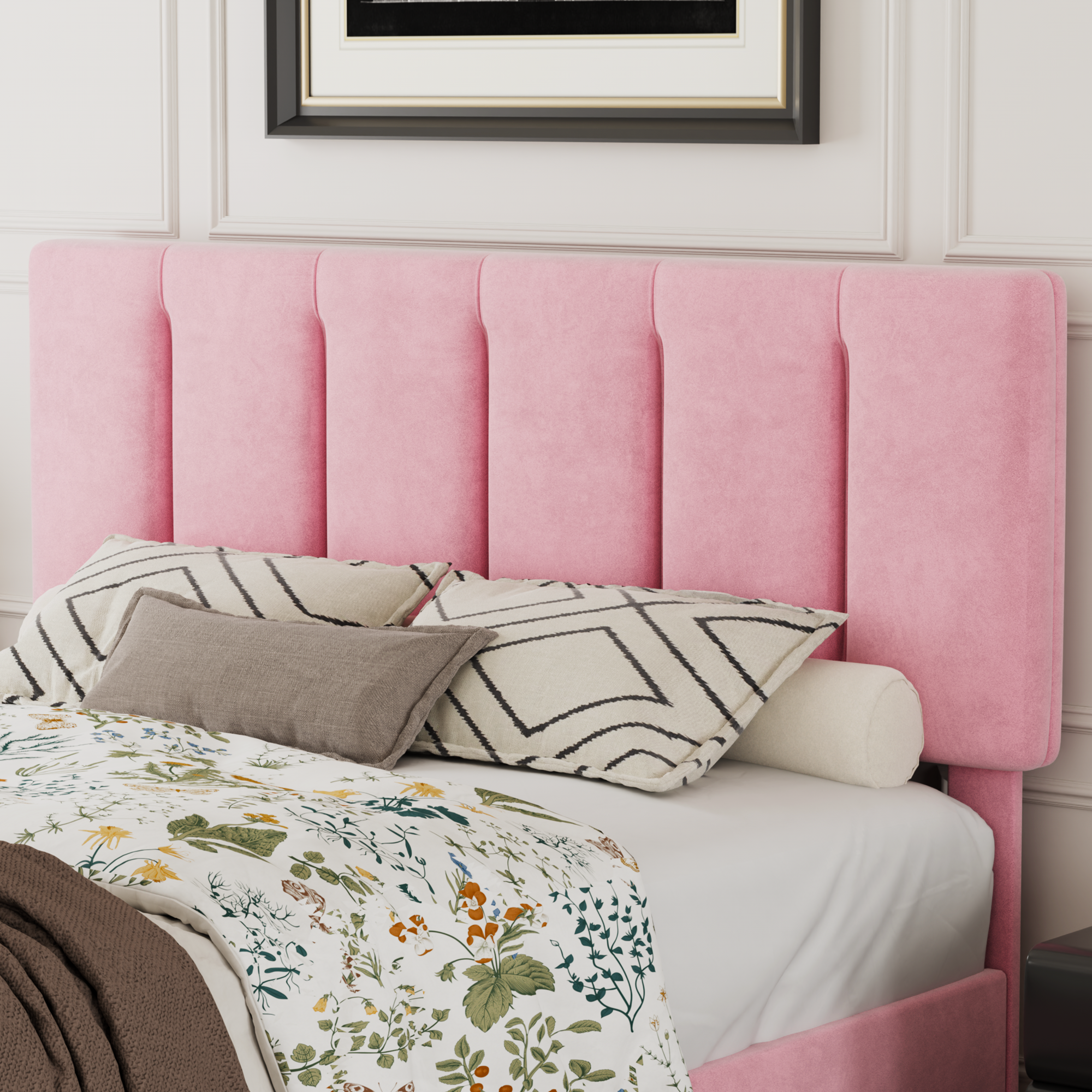 VECELO Modern Upholstered Platform Bedframe, Adjustable Headboard