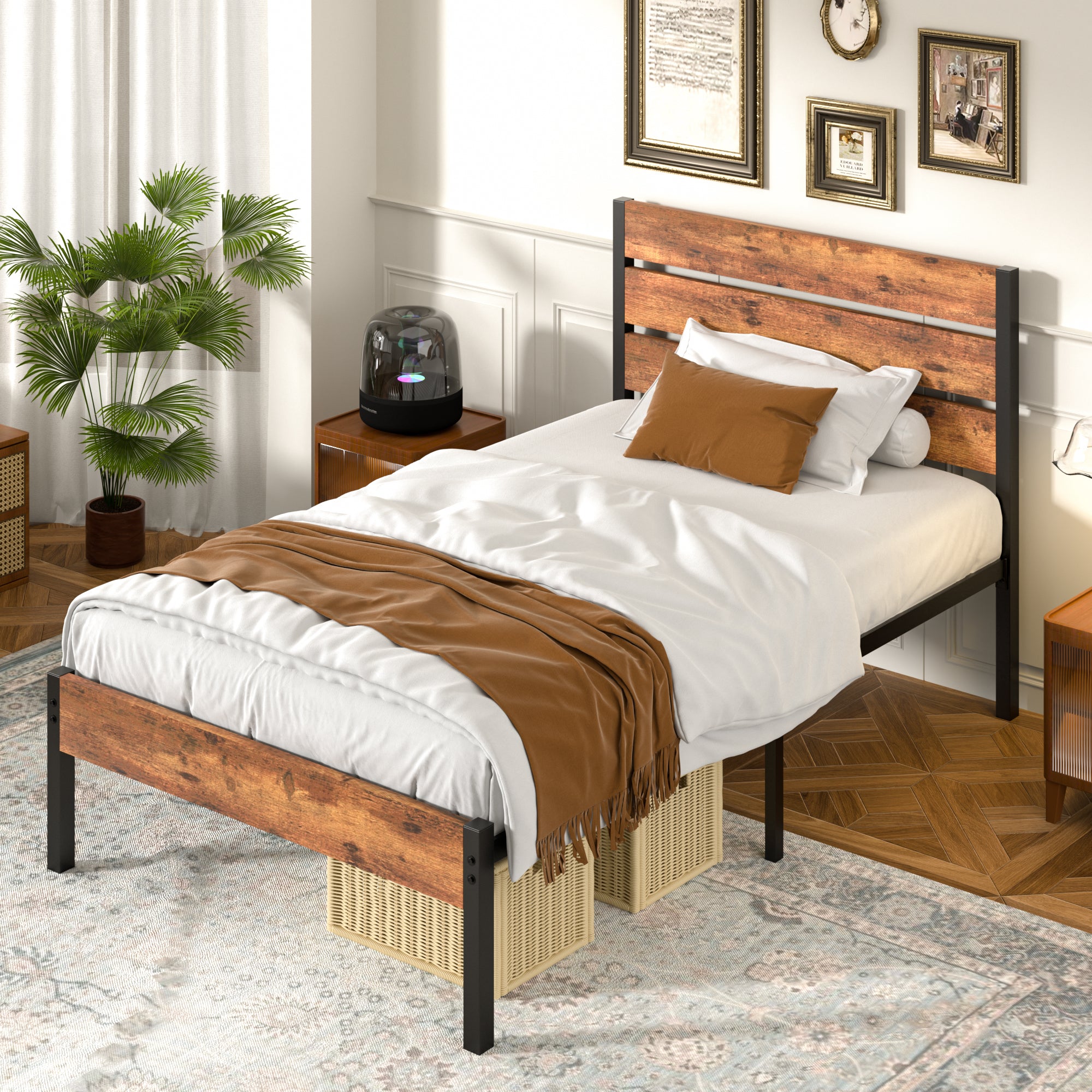 VECELO Platform Bed Frame with Rustic Vintage Wood Headboard/Strong Metal Slats Support