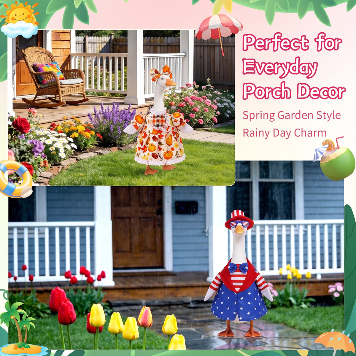 VECELO All Season Holiday Porch Goose Outfits Set of 8 23 inch