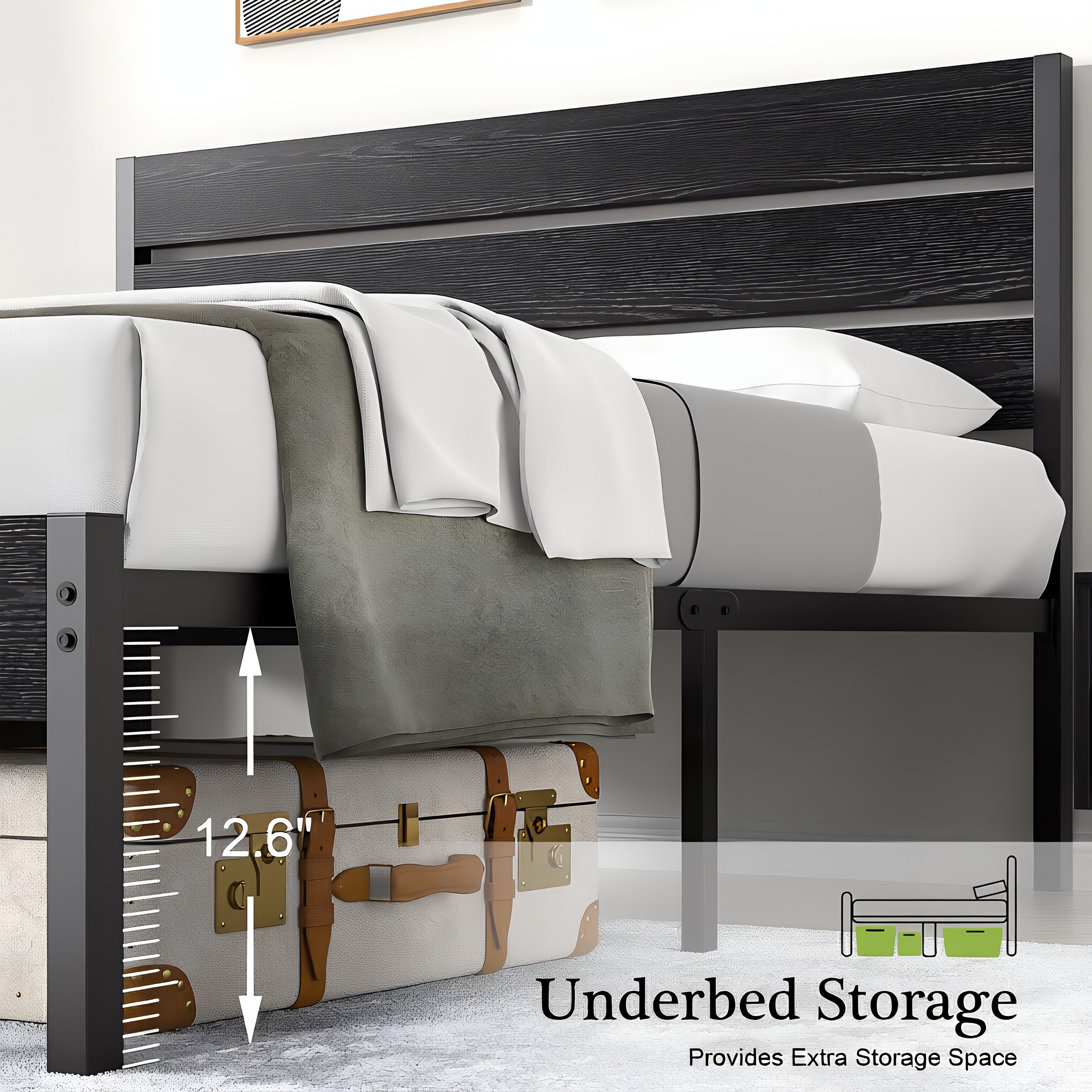 VECELO Platform Bed Frame with Rustic Vintage Wood Headboard/Strong Metal Slats Support
