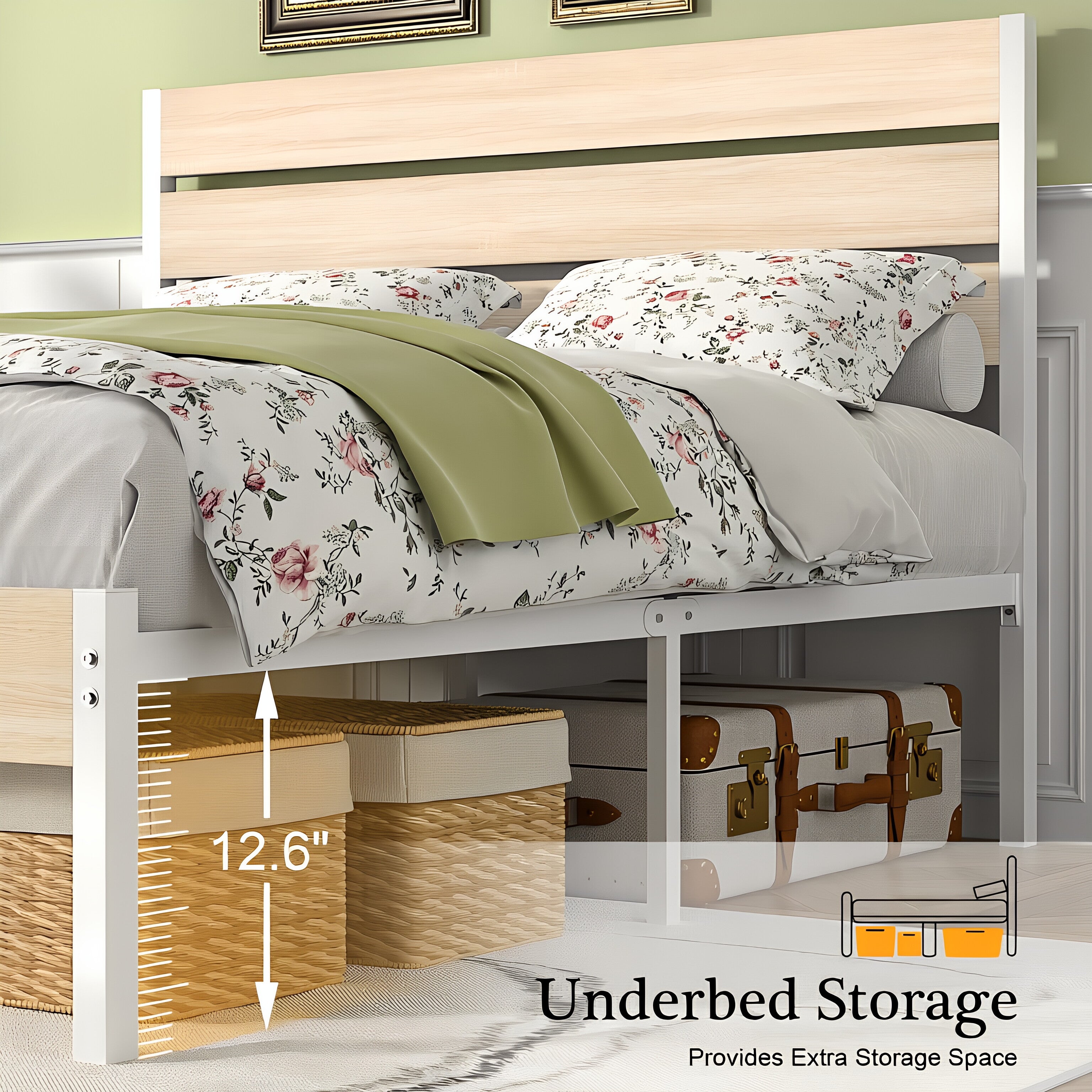 VECELO Platform Bed Frame with Rustic Vintage Wood Headboard/Strong Metal Slats Support