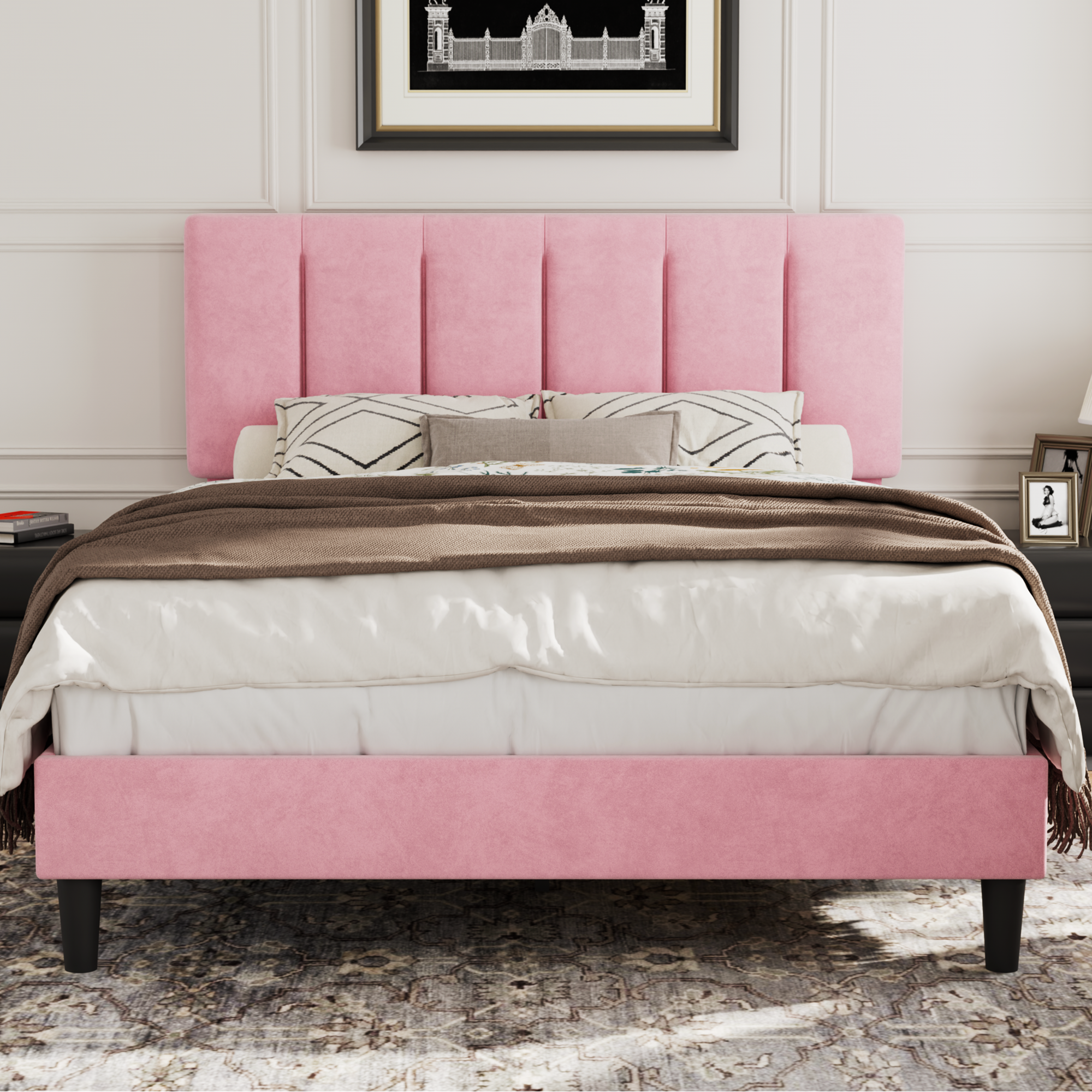 VECELO Modern Upholstered Platform Bedframe, Adjustable Headboard