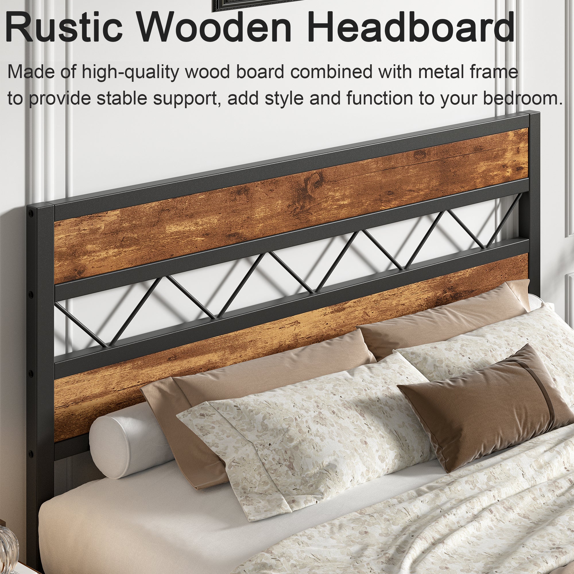 VECELO Metal Platform Bed Frame with Rustic Vintage Wooden Headboard