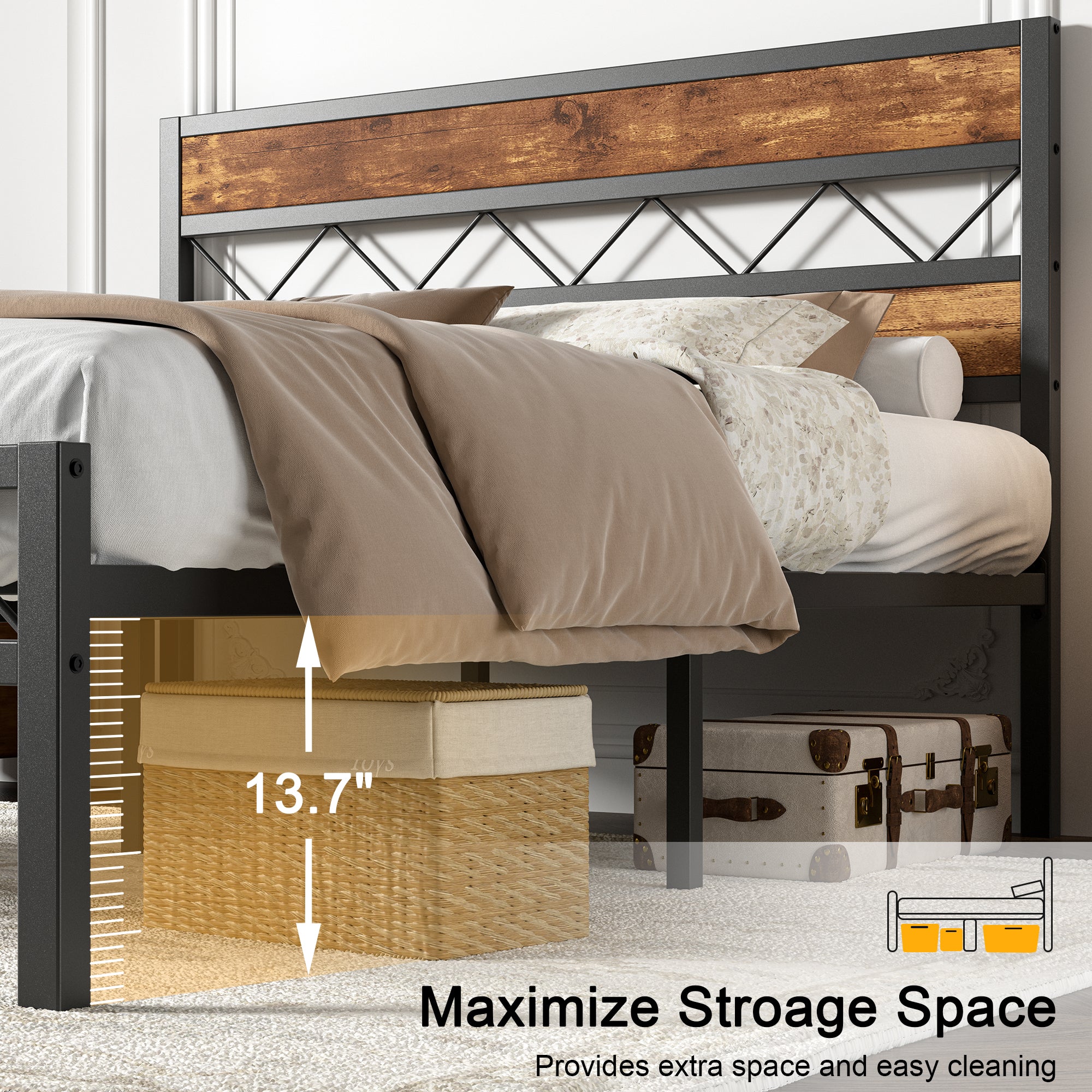VECELO Metal Platform Bed Frame with Rustic Vintage Wooden Headboard