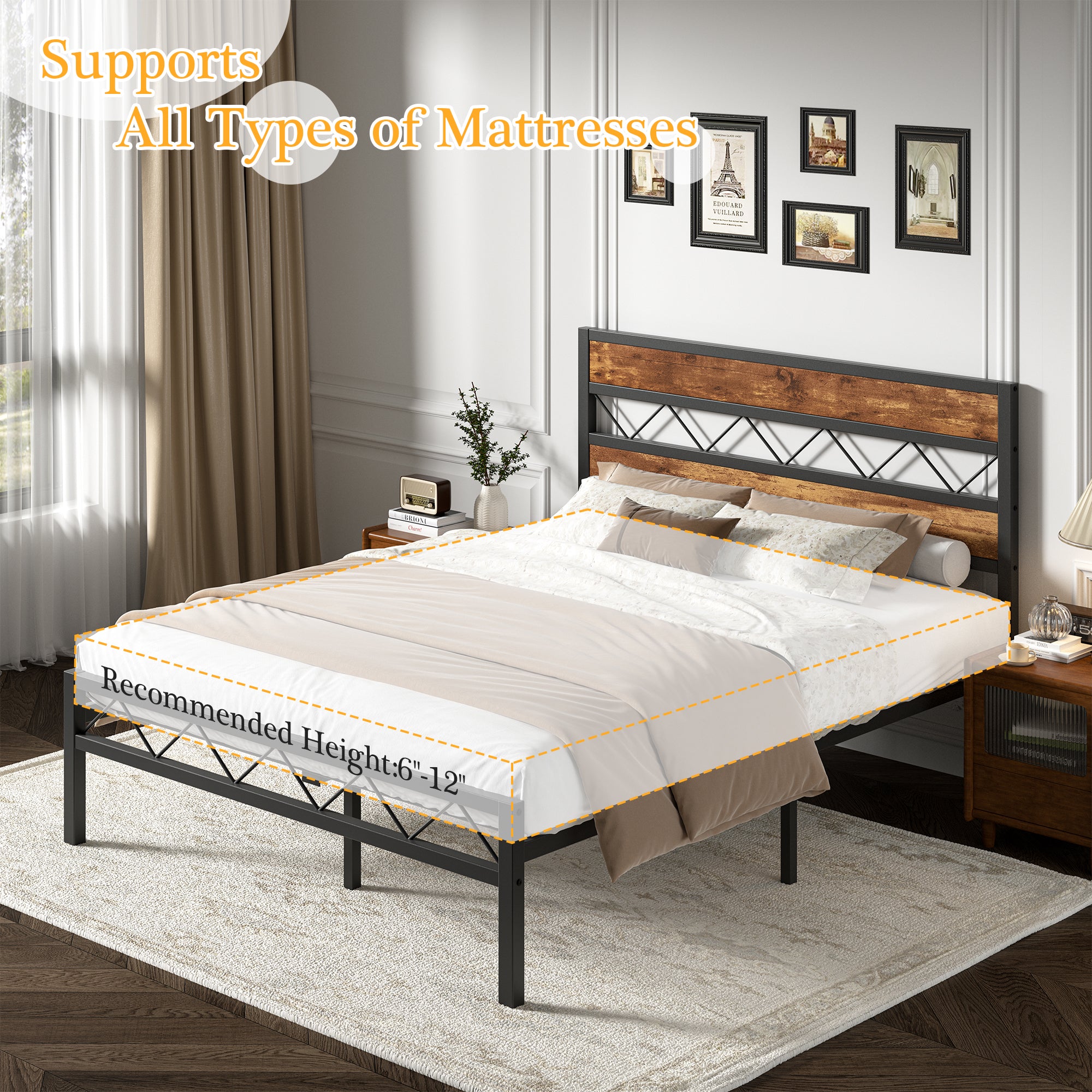 VECELO Metal Platform Bed Frame with Rustic Vintage Wooden Headboard